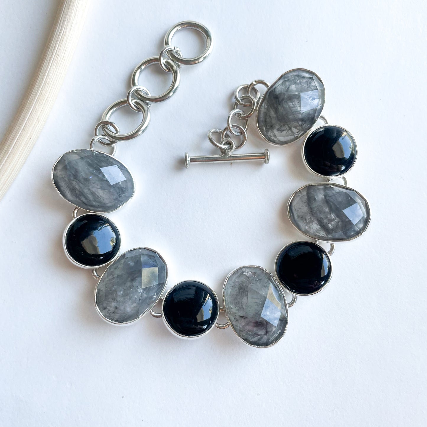 Black Onyx & Rutilated Quartz Bracelet - Both Metals