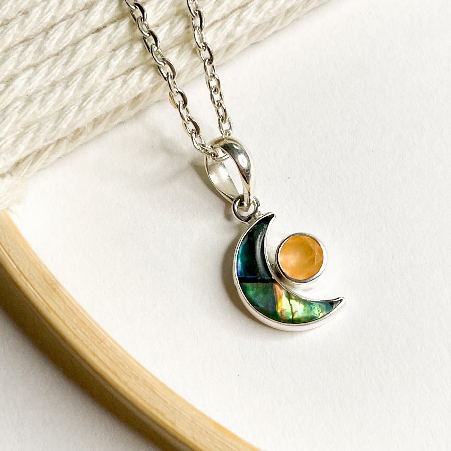 Abalone Moon & Gemstone Bypass Pendant & Ring- Solid Sterling Silver
