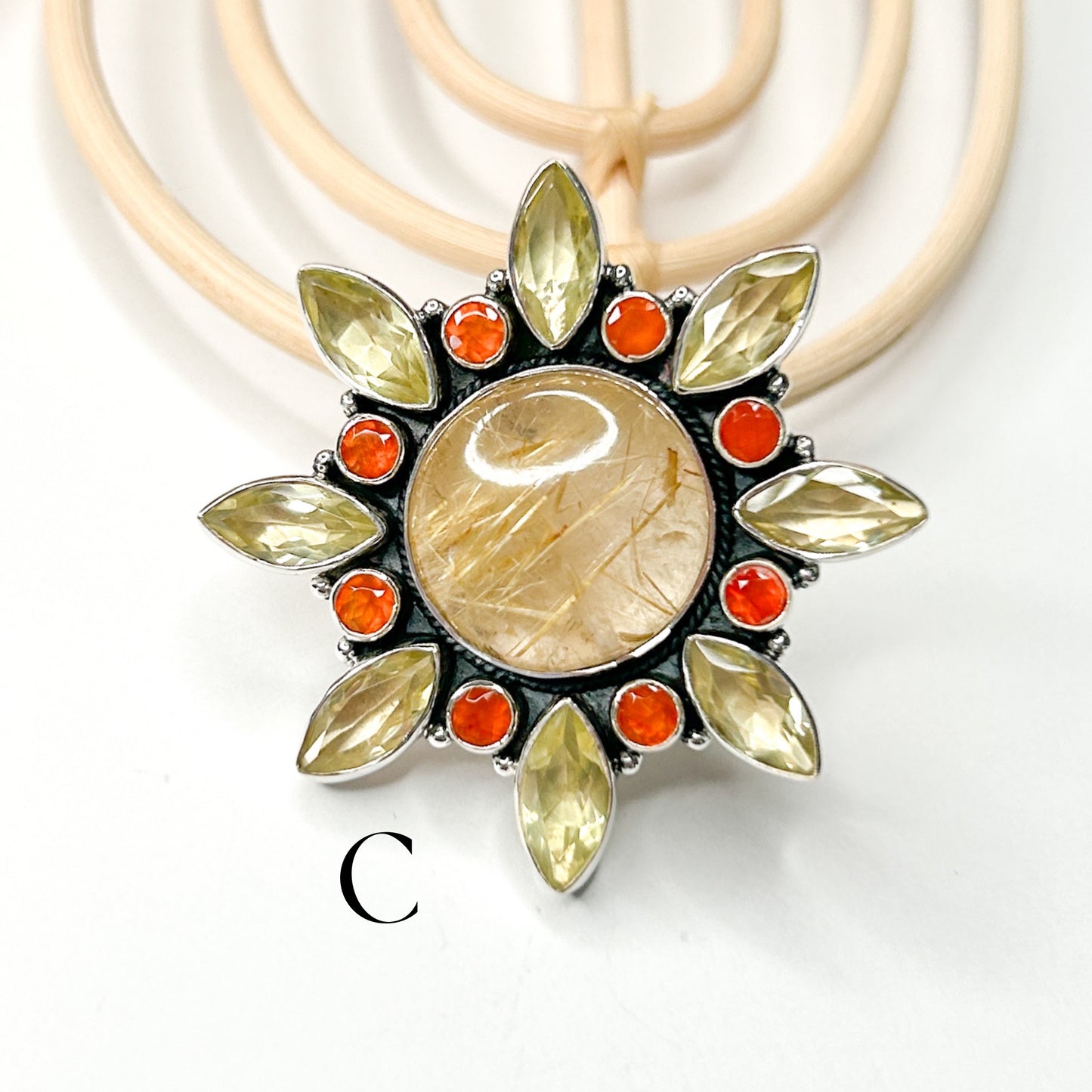 Golden Rutilated & Carnelian Statement Ring - Solid Sterling Silver