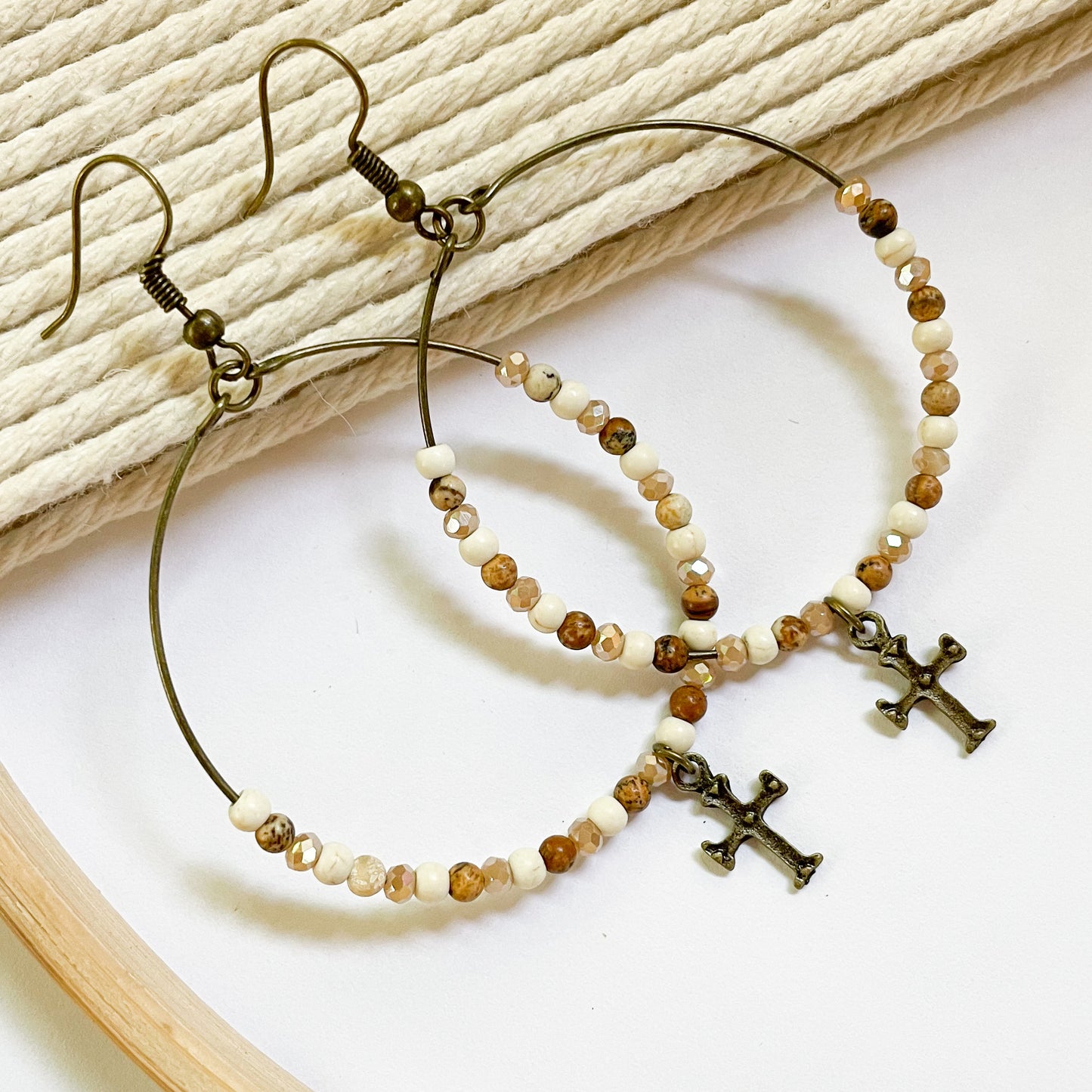 Jaspers & Crystal Hoop w/ Cross Dangles - Dainty Boho