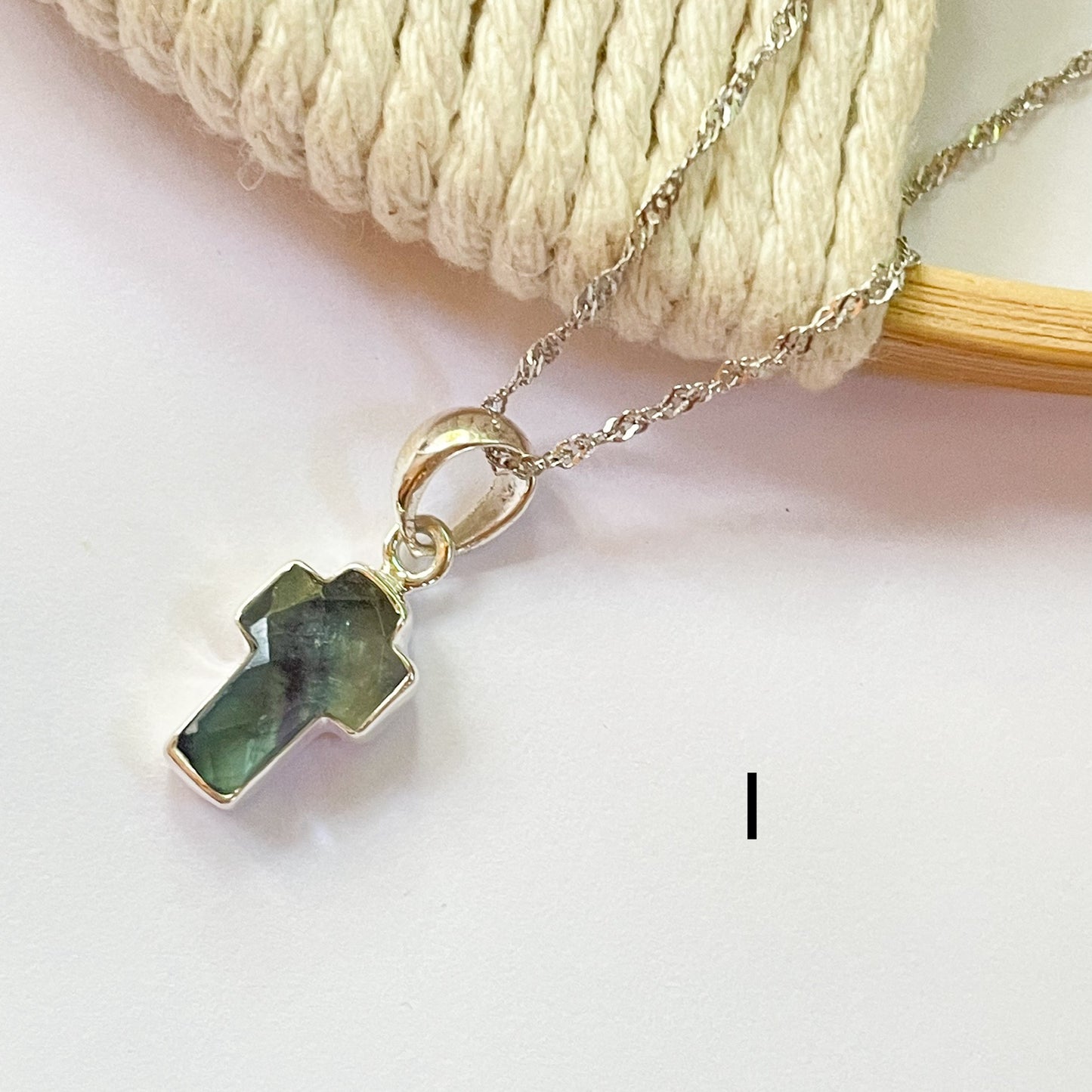 Fluorite Cross Dainty Pendant - Solid Sterling Silver
