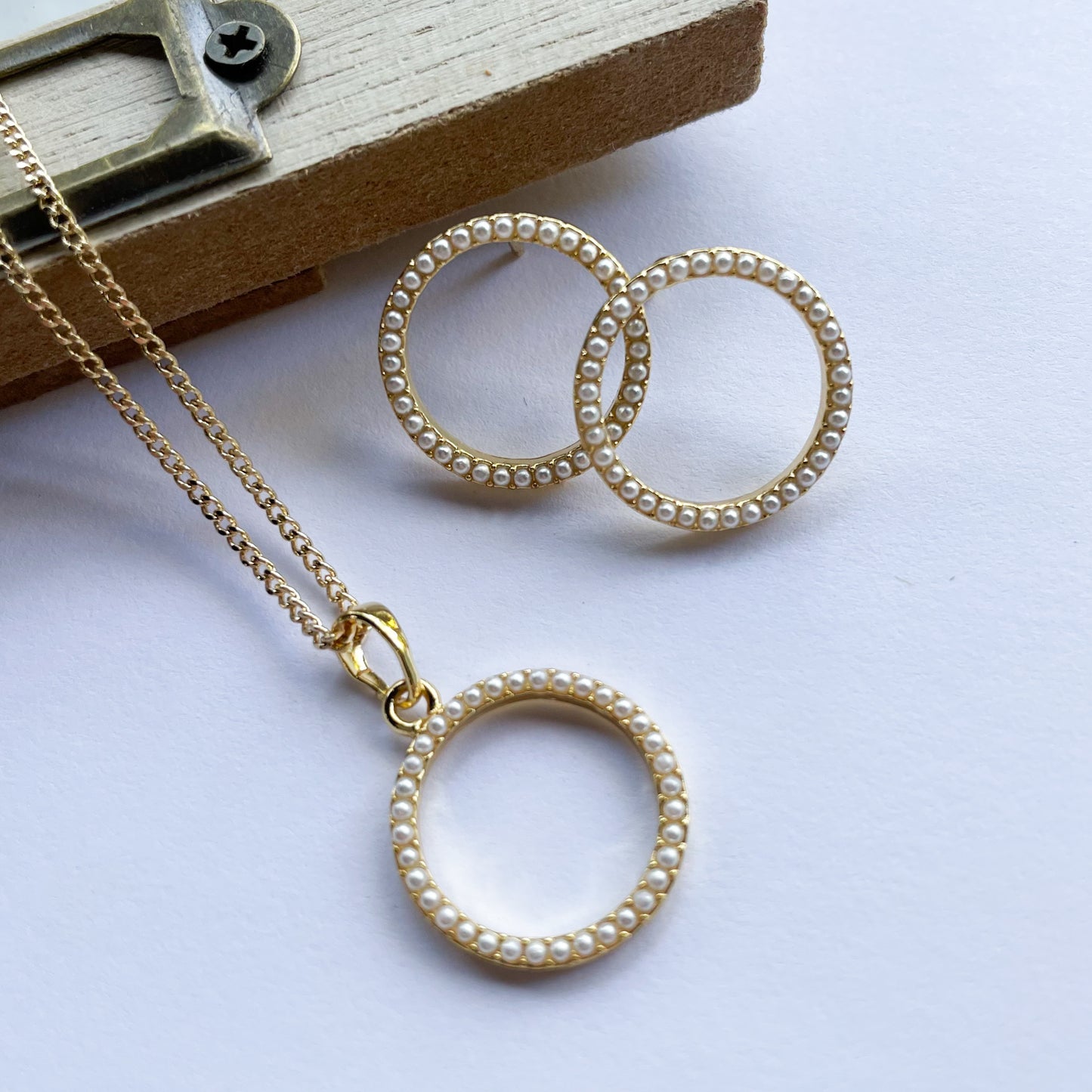 Baby Pearl Karma Circle Earring & Necklace Set - 18k Gold Filled