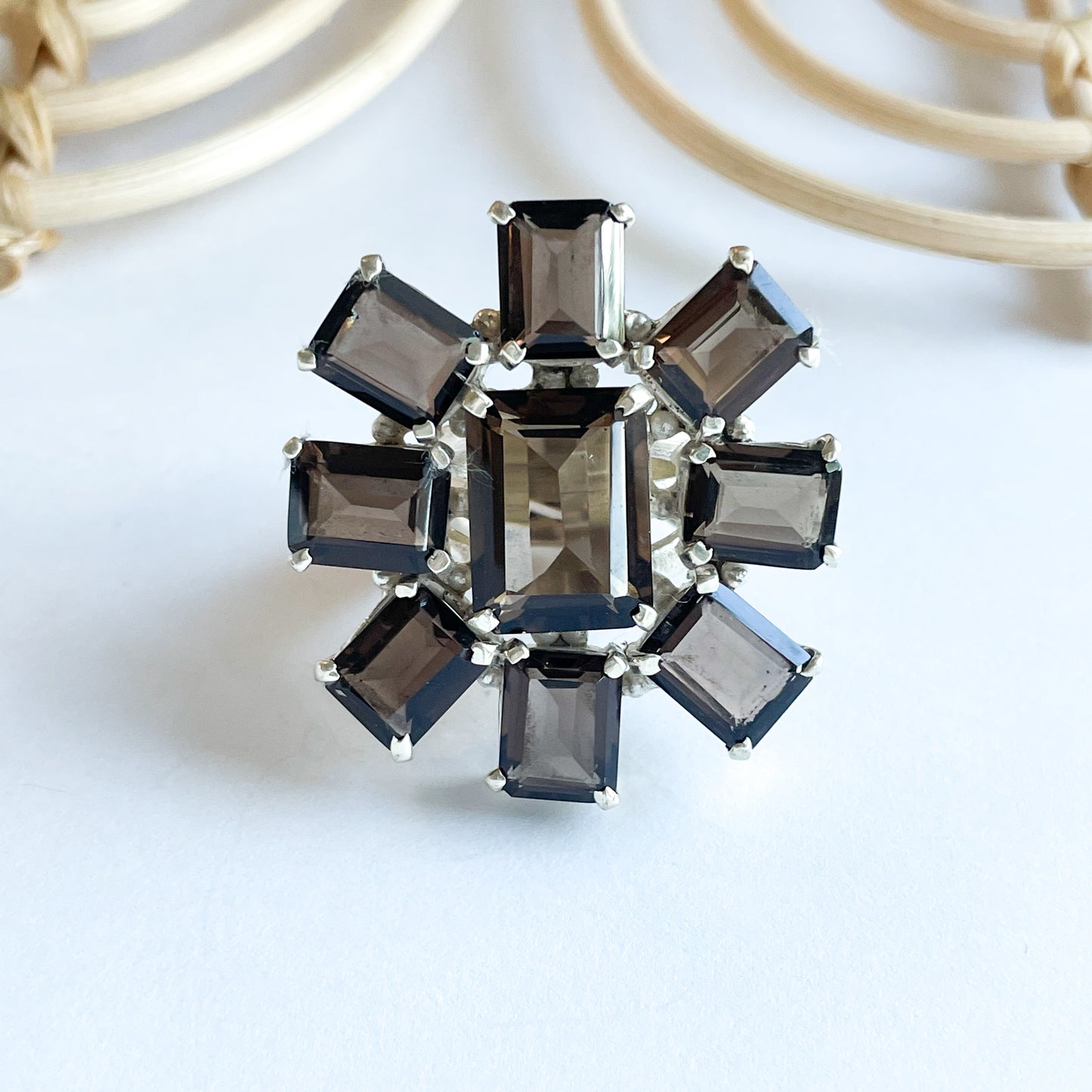 Square Smokey Quartz Statement Ring - Solid Sterling Silver