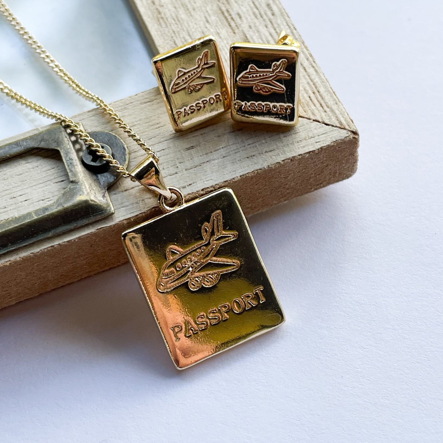 Passport Plate Earring & Necklace Set - 18k Gold Filled
