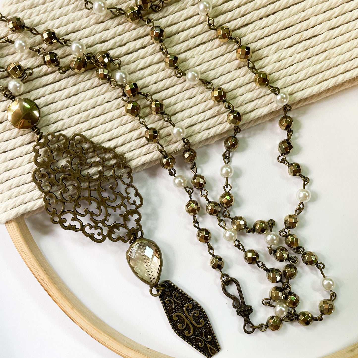 Gold Treated Crystals & Pearl Necklace - Dainty Grunge