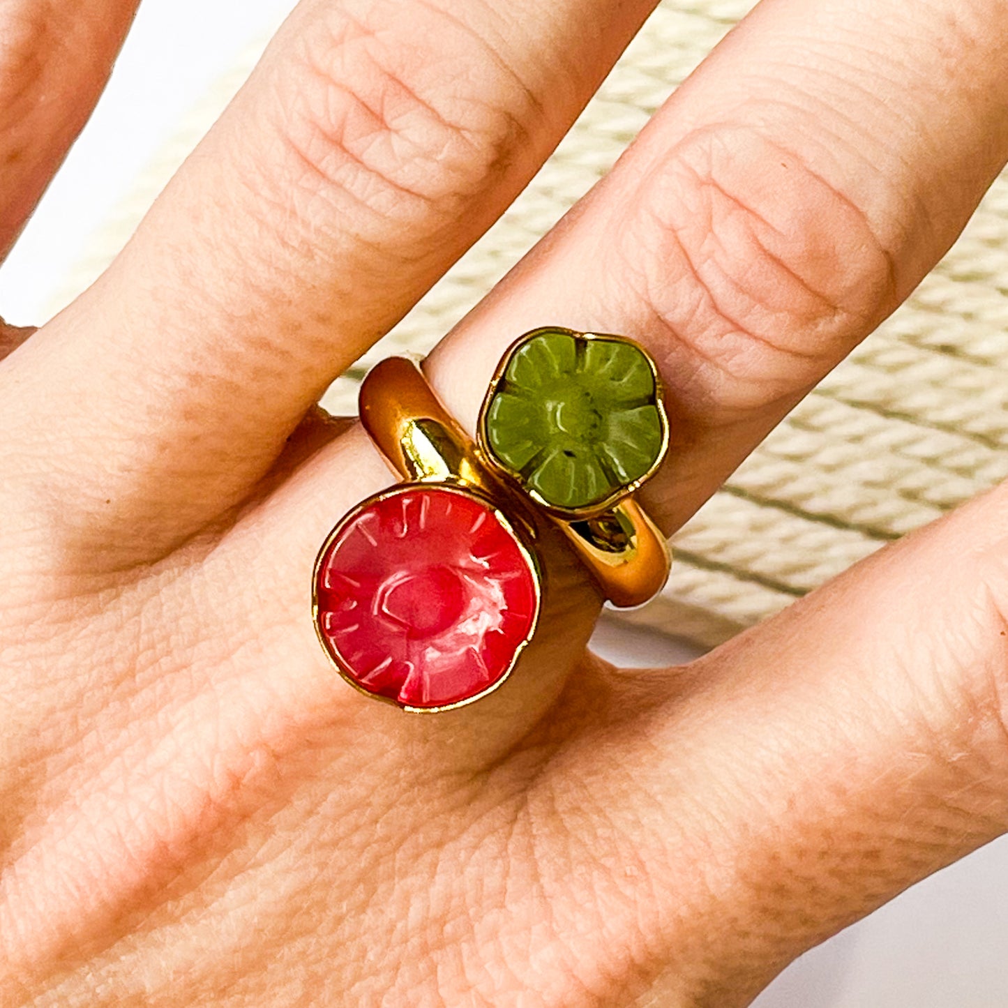 Jade Flower Pink & Green Bypass Ring - Alchemia