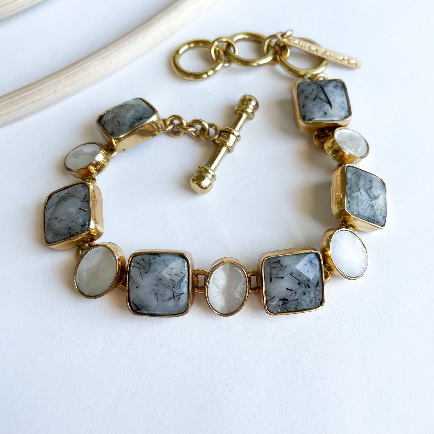 Rutilated Quartz & Faceted Cats Eye Jade Bracelet - Alchemia Gold