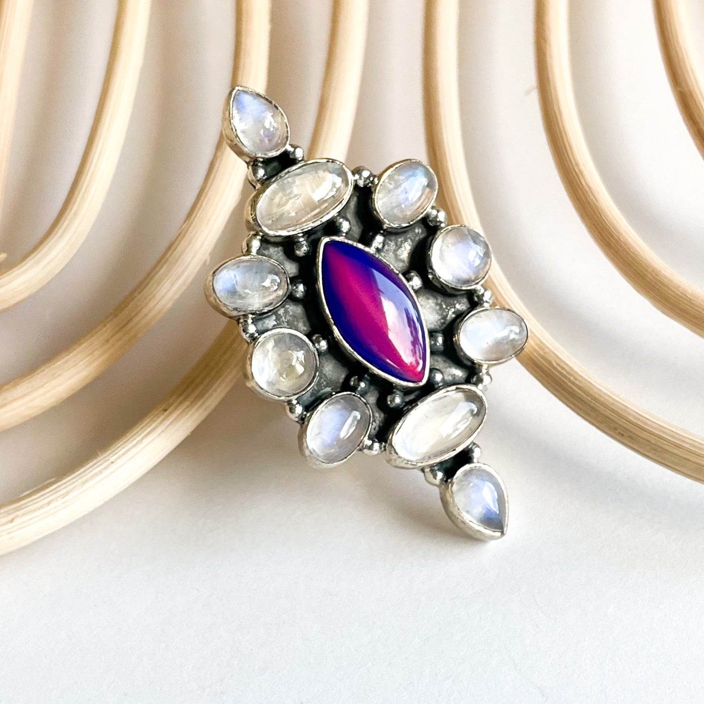 Galaxy Opal & Moonstone Statement Ring - Solid Sterling Silver - Blue & Purple