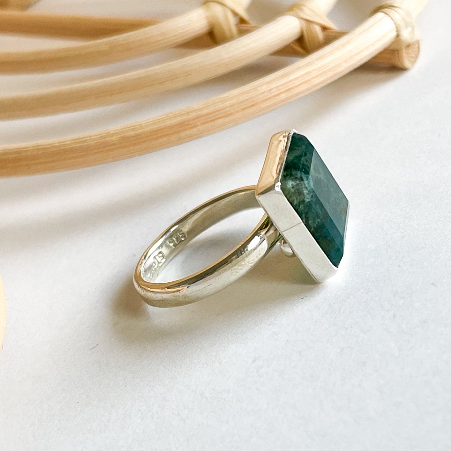 Moss Agate Square Ring - Solid Sterling SIlver