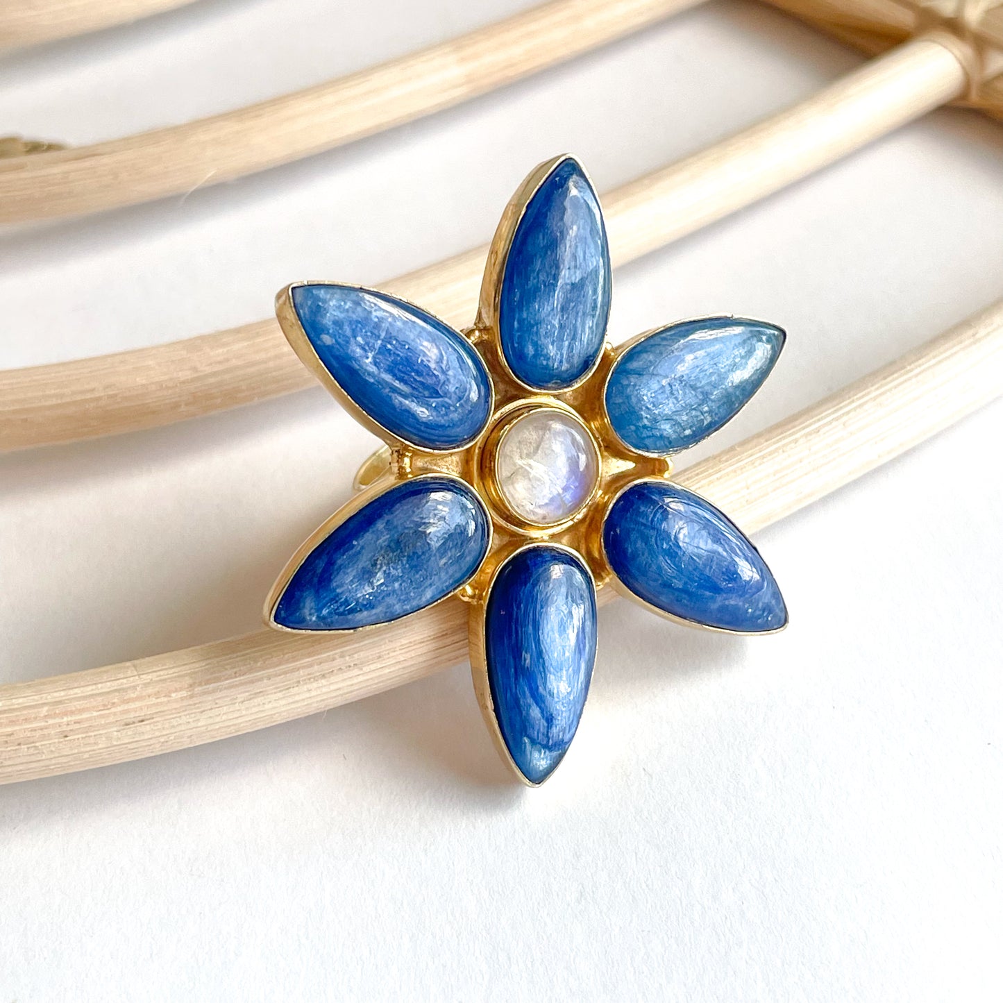 Kyanite & Moonstone Flower Ring - 18k Gold Plated over Silver