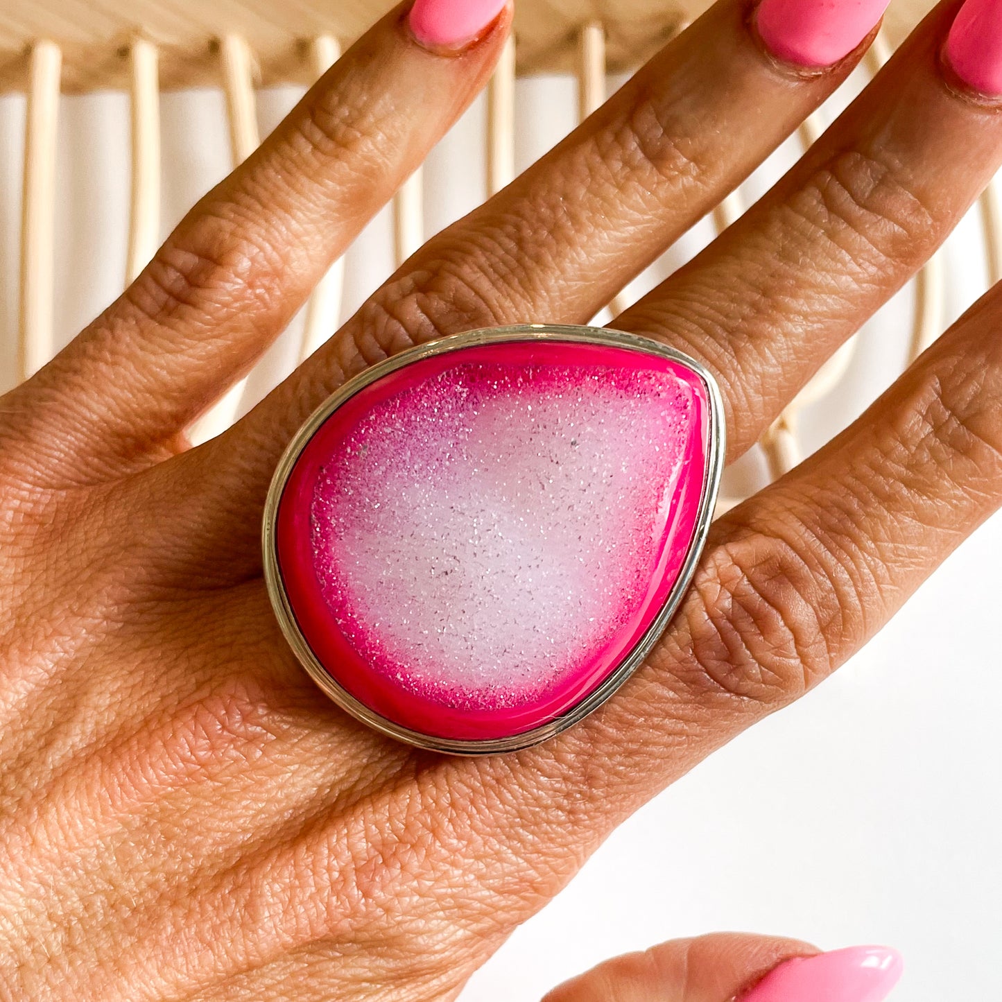 Pink Druzy Flex Cuff Statement Ring - Solid Sterling Silver