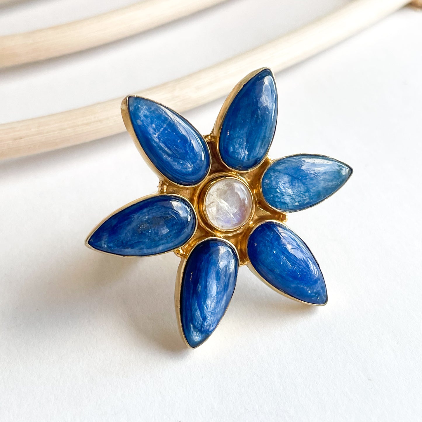 Kyanite & Moonstone Flower Ring - 18k Gold Plated over Silver