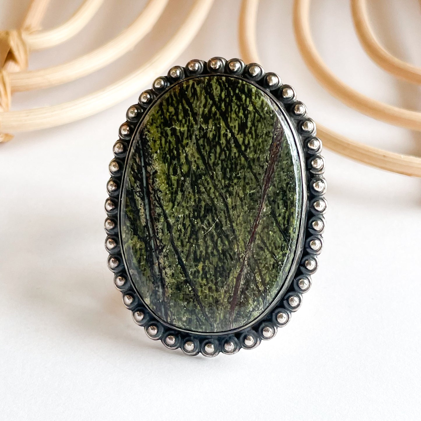 Green Zebra Jasper Flex Cuff Statement Ring - Solid Sterling Silver