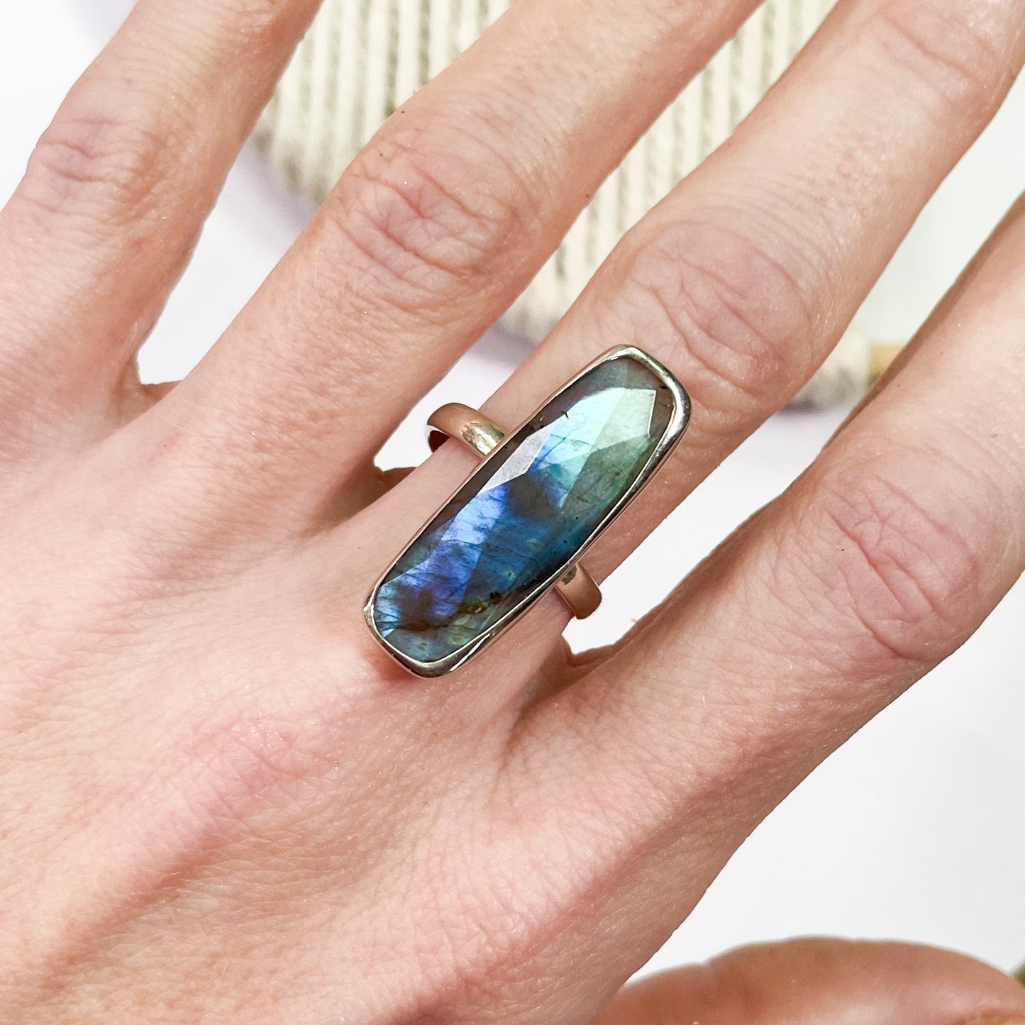 Labradorite Faceted Slim Ring - Solid Sterling Silver