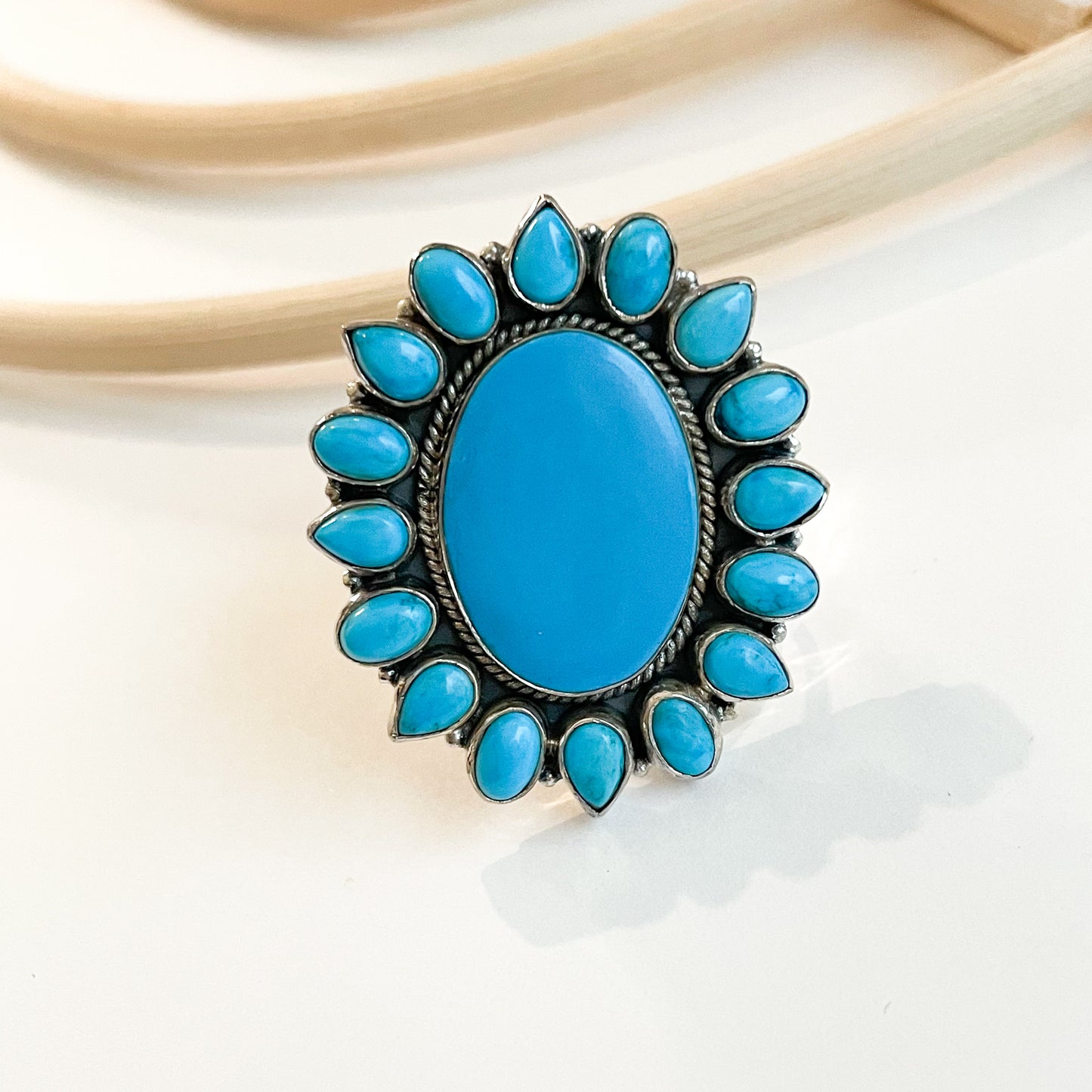 Turquoise Flower Ring - Solid Sterling Silver