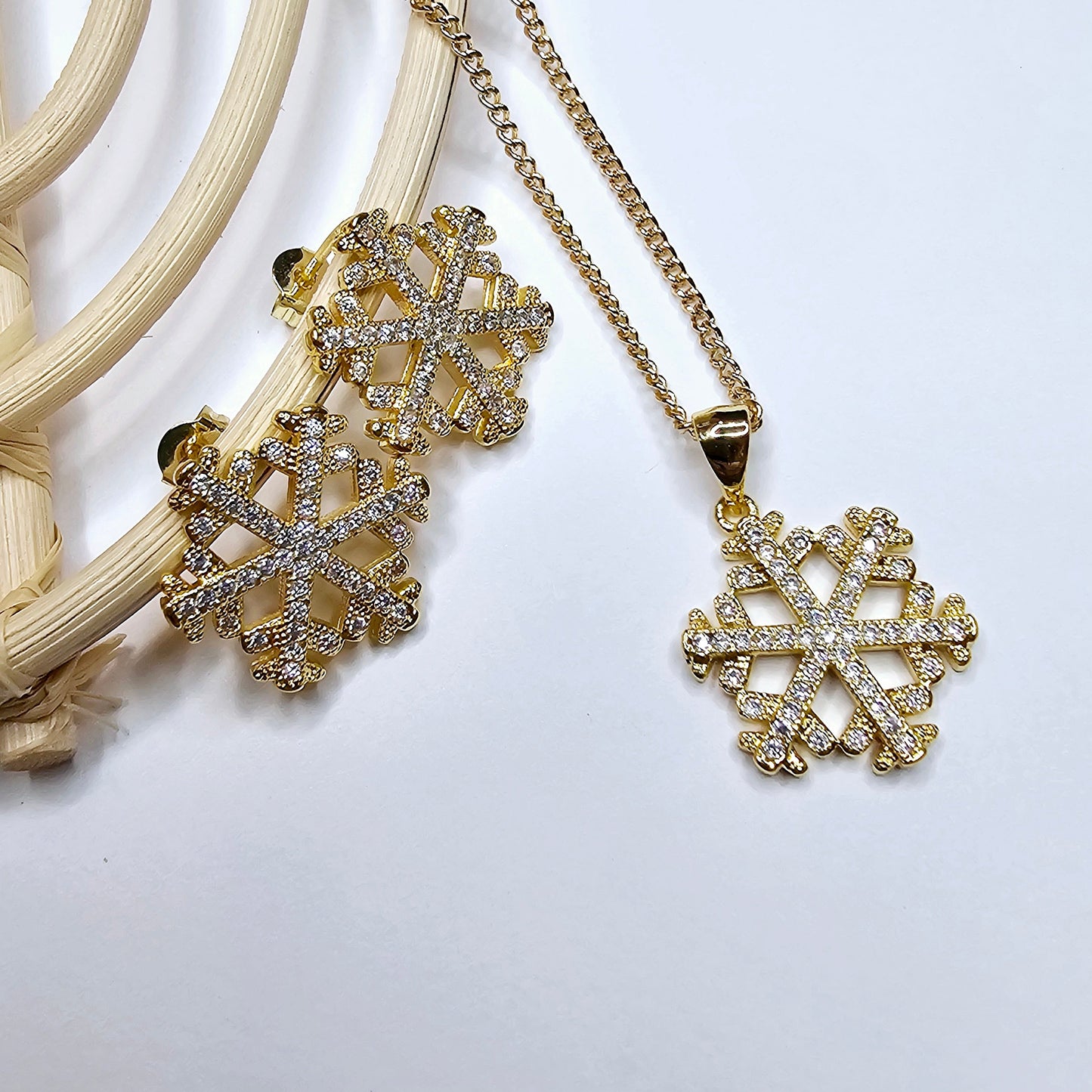CZ Snowflake Earring & Necklace Set - 18k Gold Filled