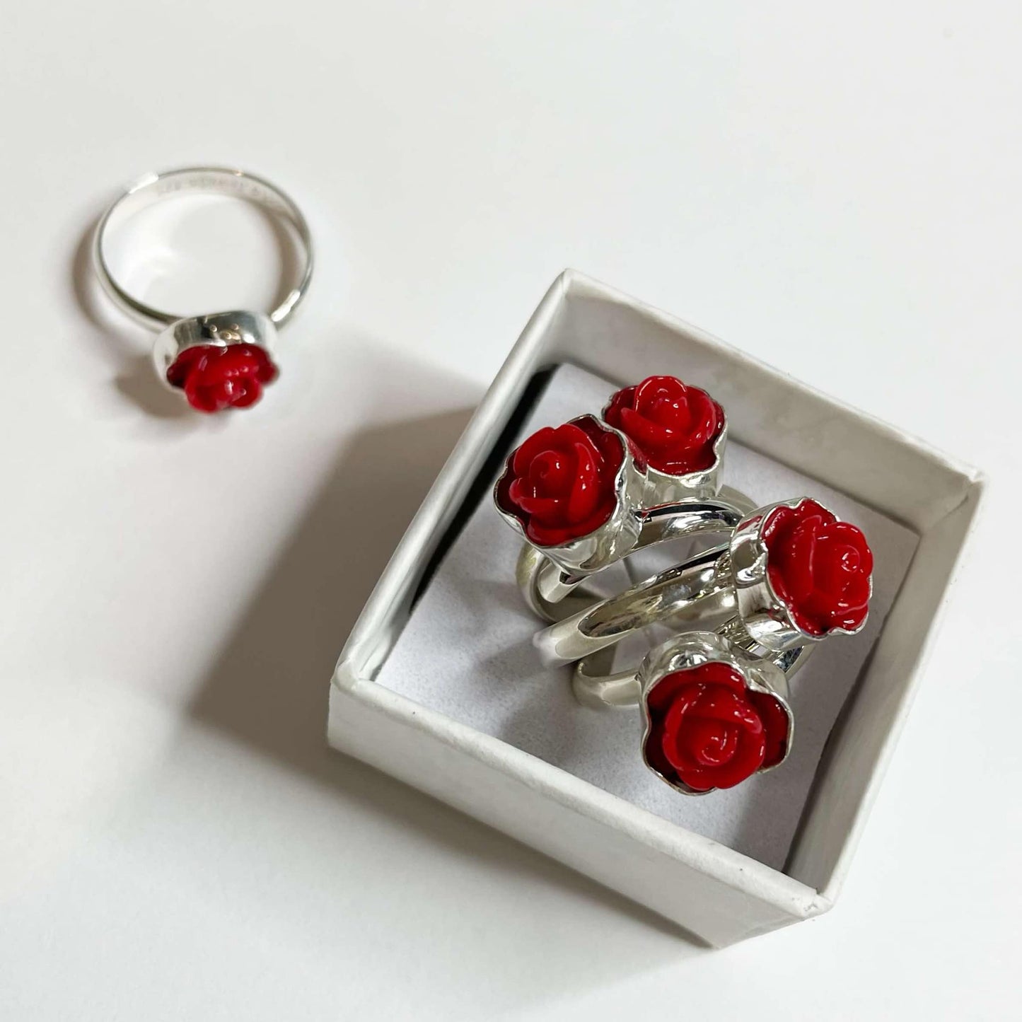 Mini Red Resin Rose Ring - Solid Sterling Silver