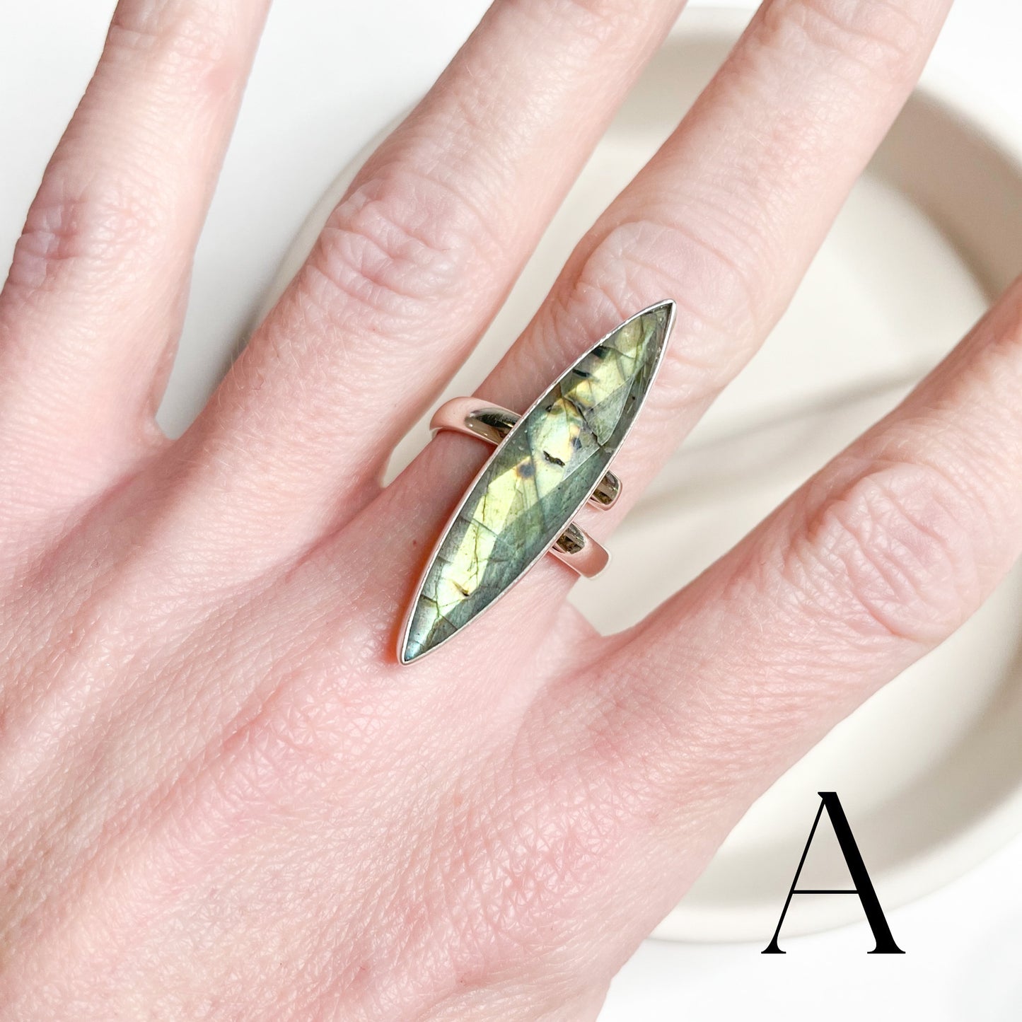 Faceted Slim Marquise Labradorite Ring - Solid Sterling Silver