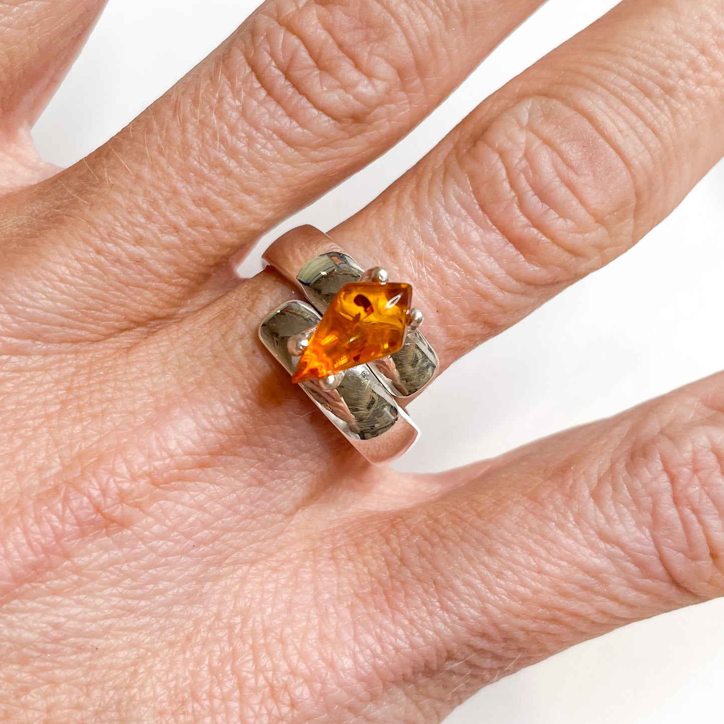 Amber Kite Prong Ring - Solid Sterling Silver