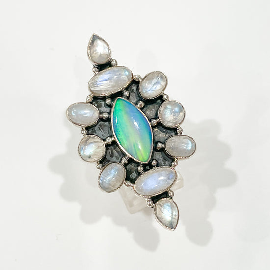 Blue Galaxy Opal & Moonstone Ring - Solid Sterling Silver