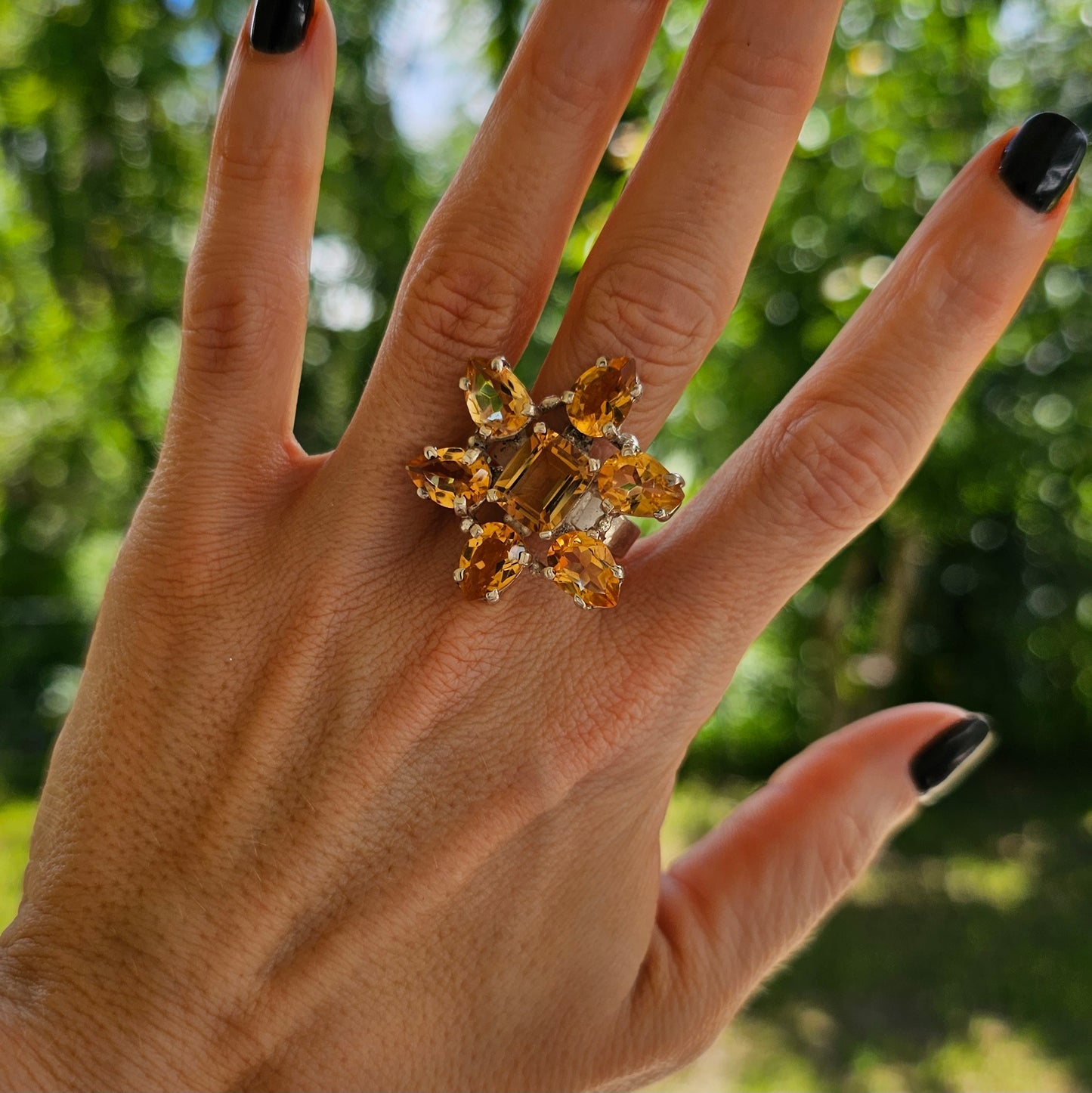 Citrine Multi Stone Flower Prong Ring - Solid Sterling Silver