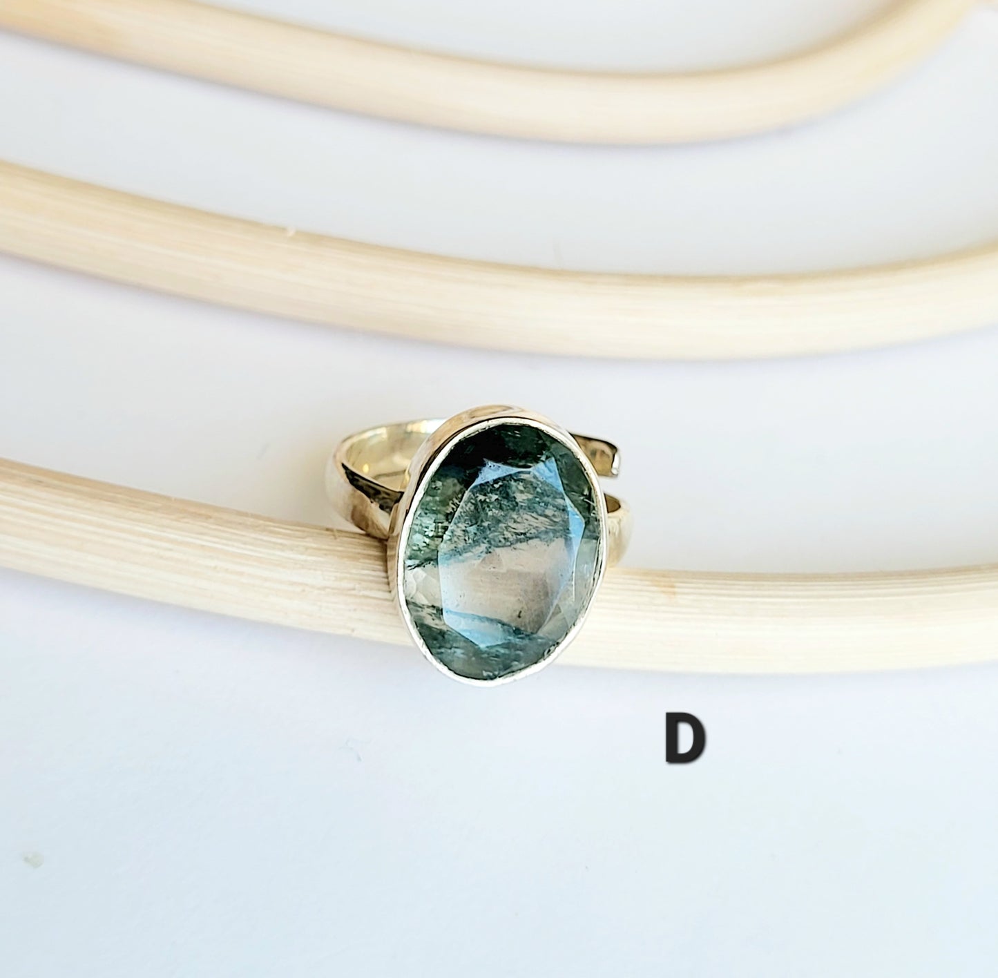 Faceted Dainty Moss Agate Ring - Solid Sterling Silver