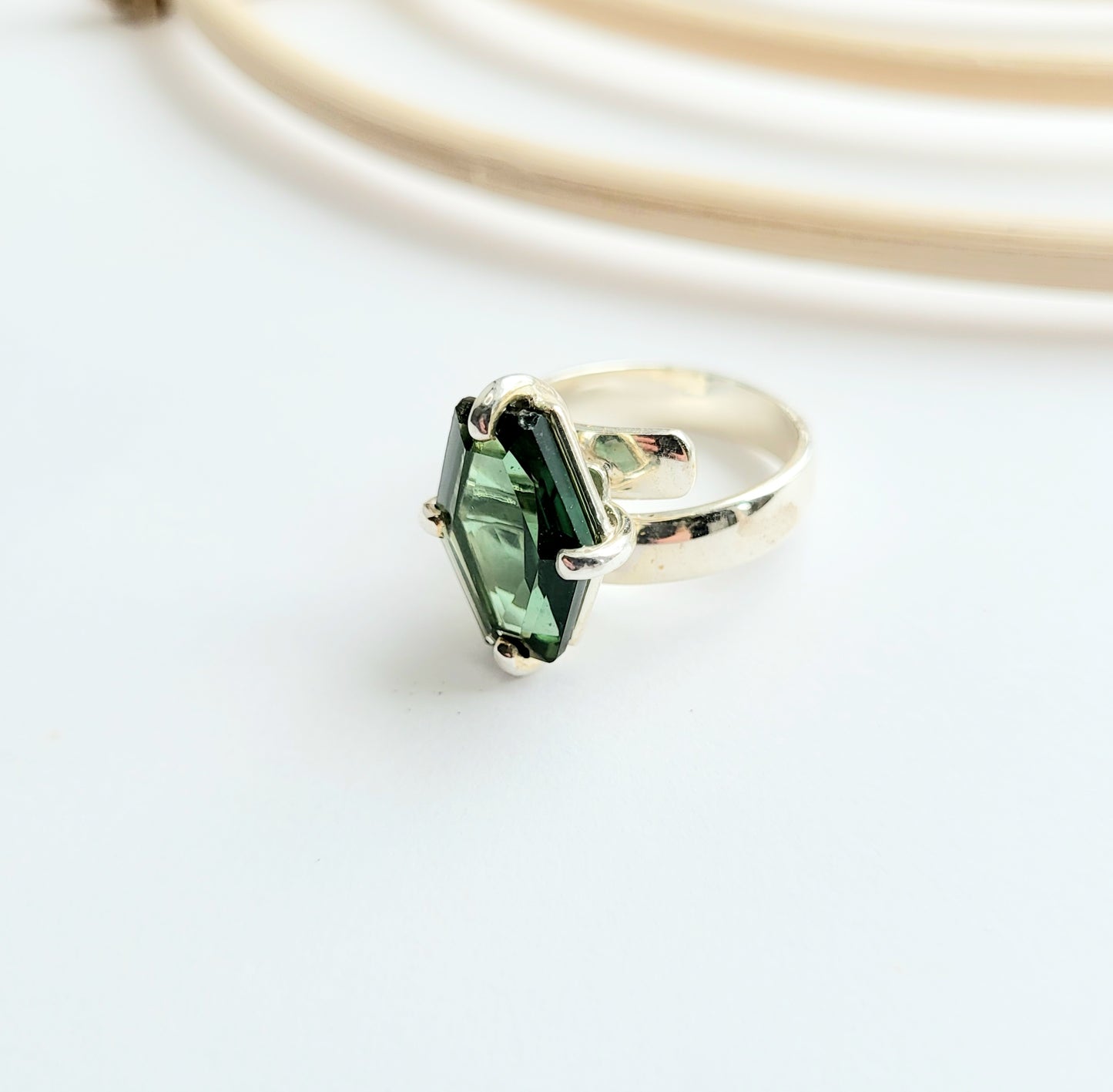 Green CZ Unique Ring - Solid Sterling Silver