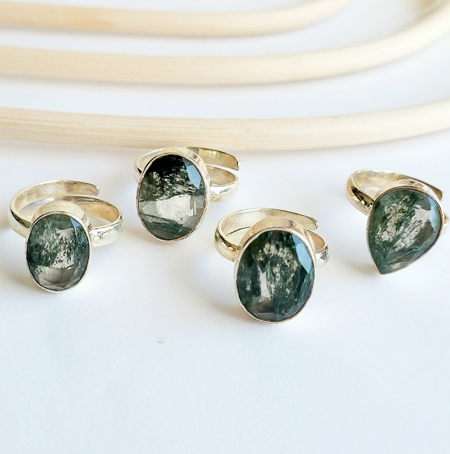 Faceted Dainty Moss Agate Ring - Solid Sterling Silver