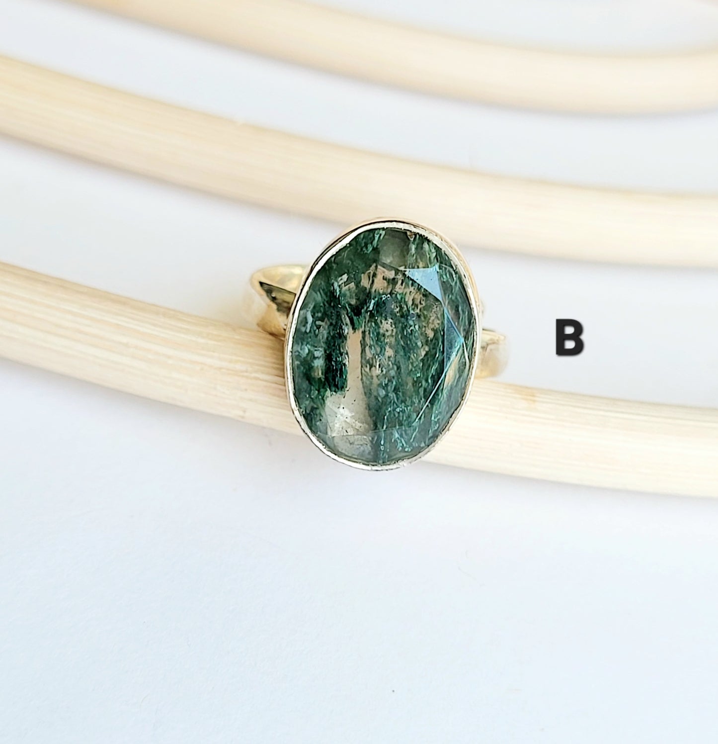 Faceted Dainty Moss Agate Ring - Solid Sterling Silver