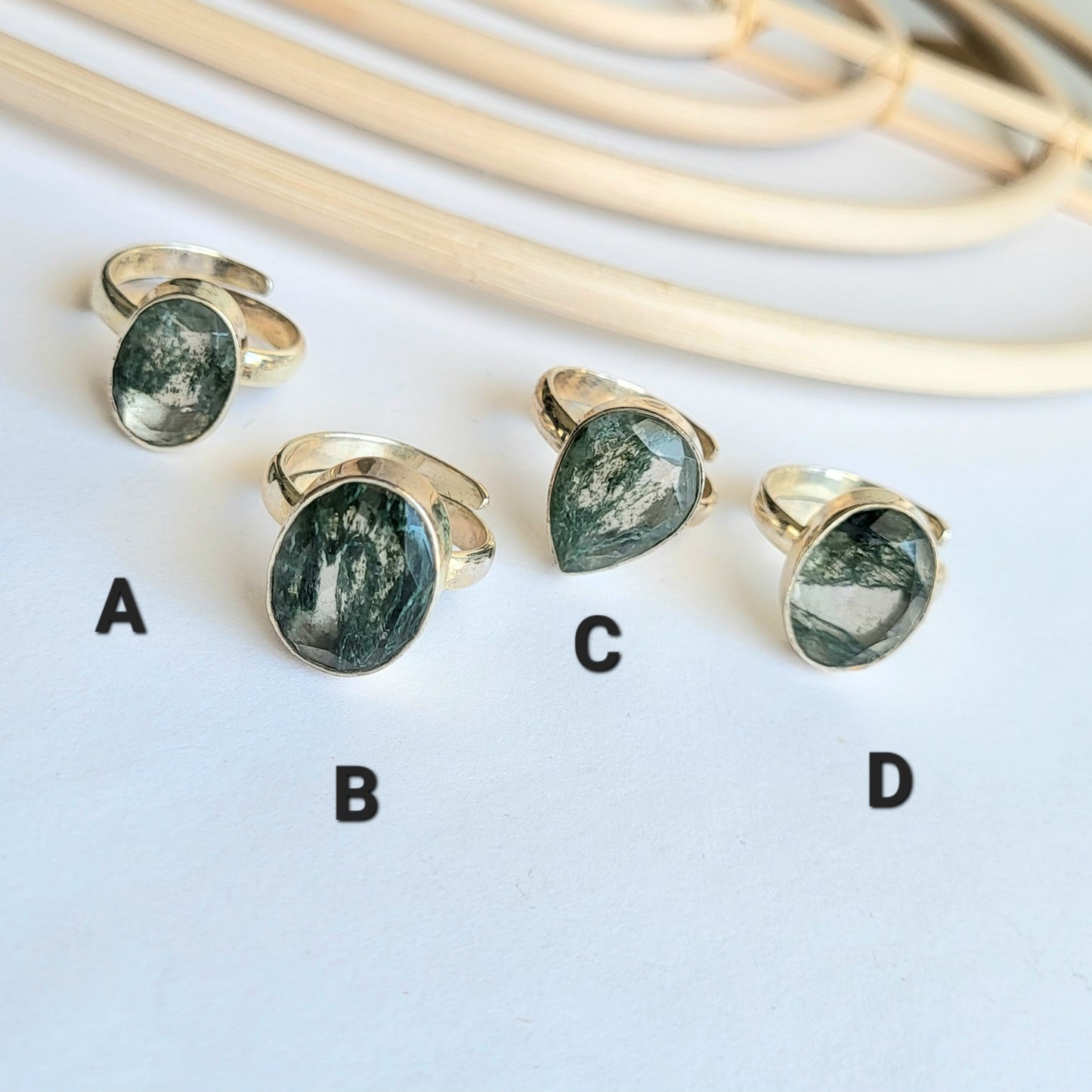 Faceted Dainty Moss Agate Ring - Solid Sterling Silver