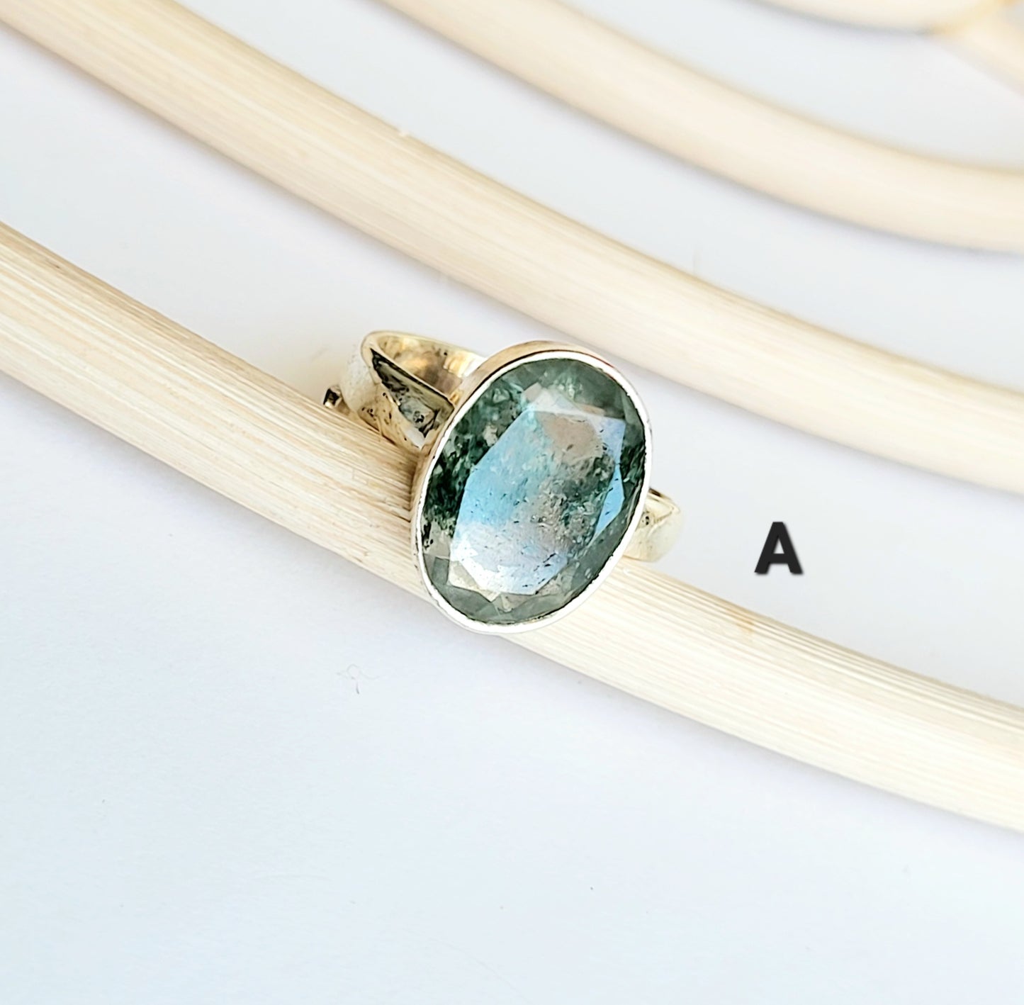 Faceted Dainty Moss Agate Ring - Solid Sterling Silver
