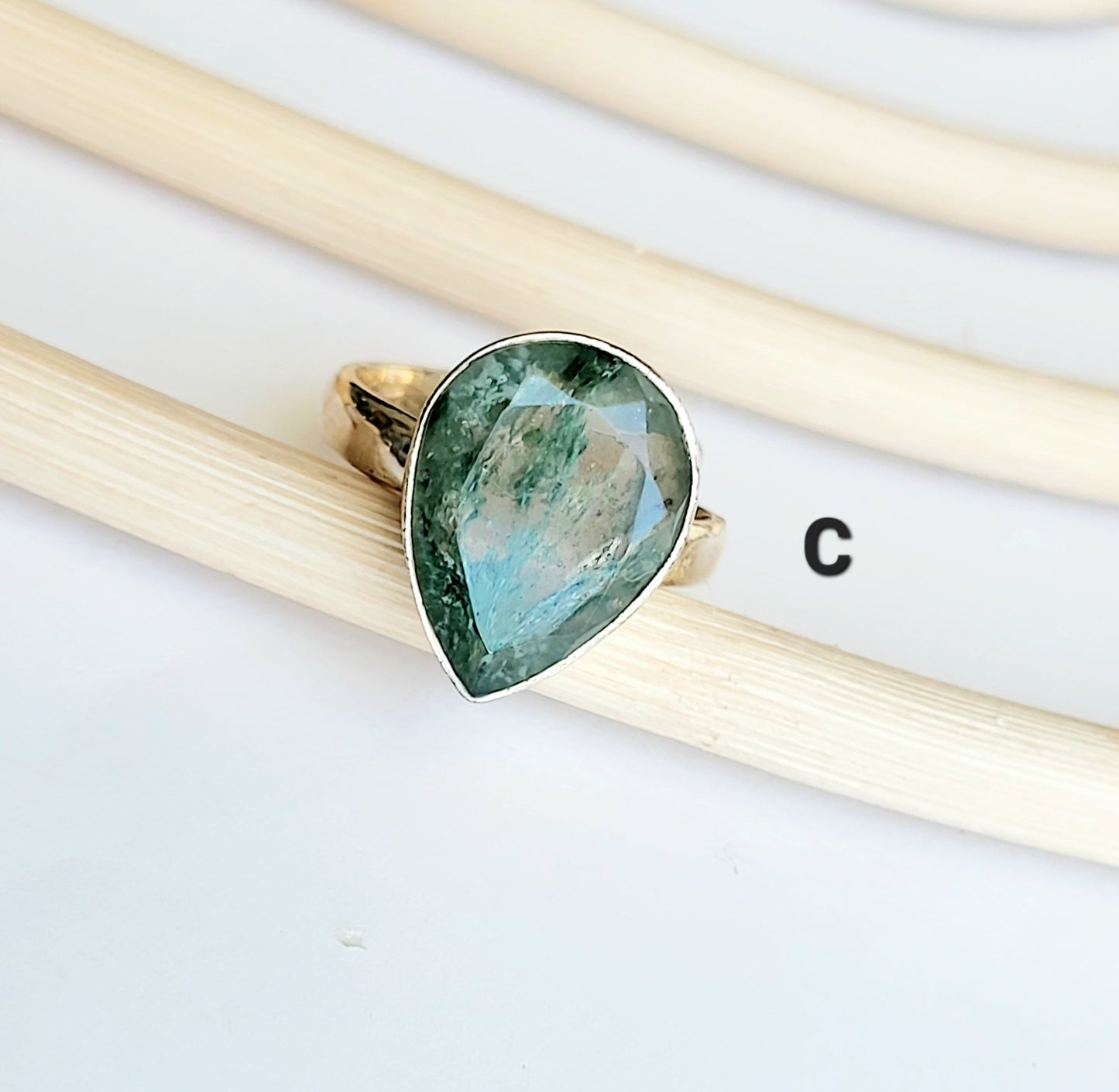 Faceted Dainty Moss Agate Ring - Solid Sterling Silver