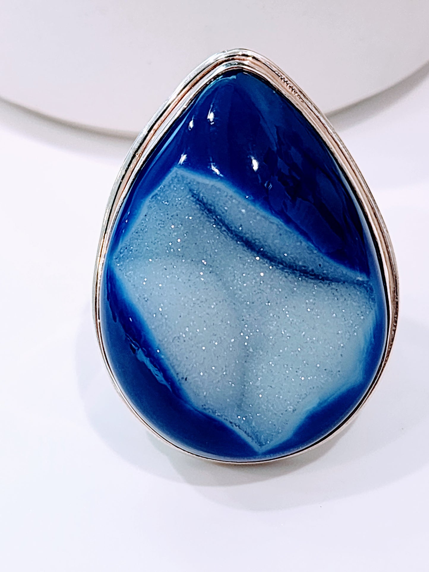 Blue Druzy Flex Cuff Statement Ring  - Solid Sterling Silver