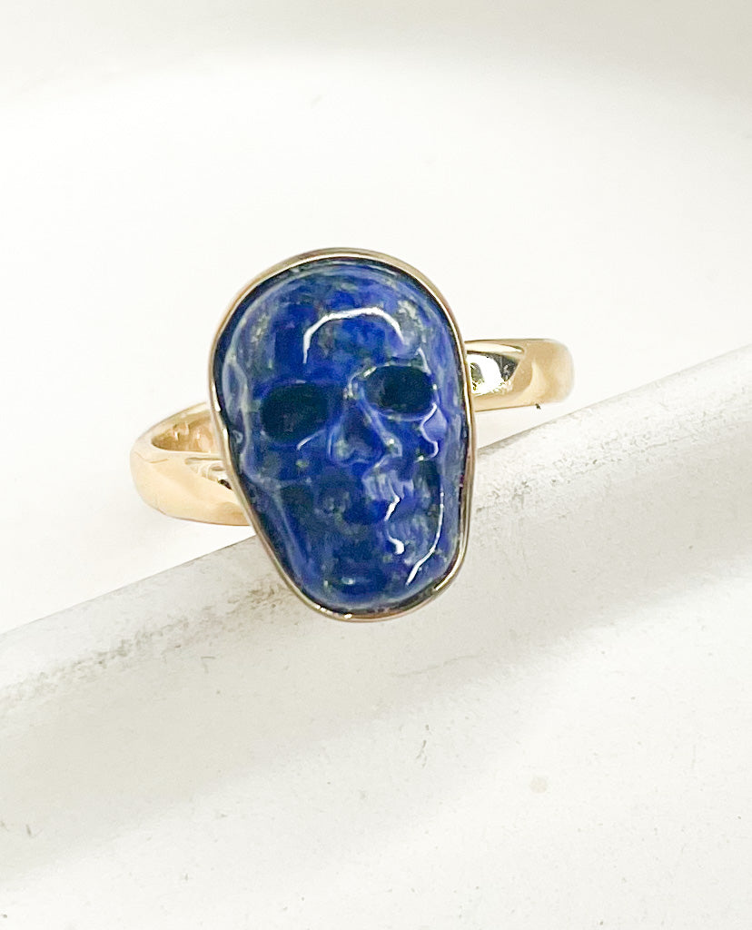 Dainty Lapis Lazuli Skull Ring - Both Metals