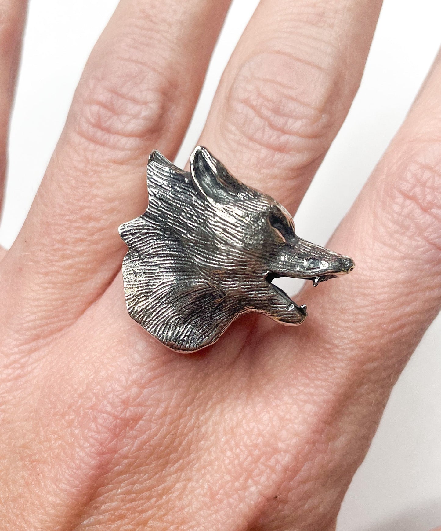 3-D Wolf Face Ring - Solid Sterling Silver