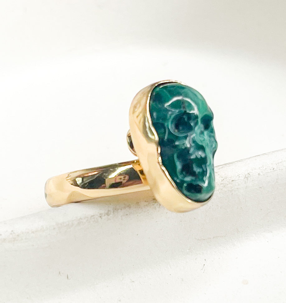 Dainty Malachite Skull Ring - Both Metals