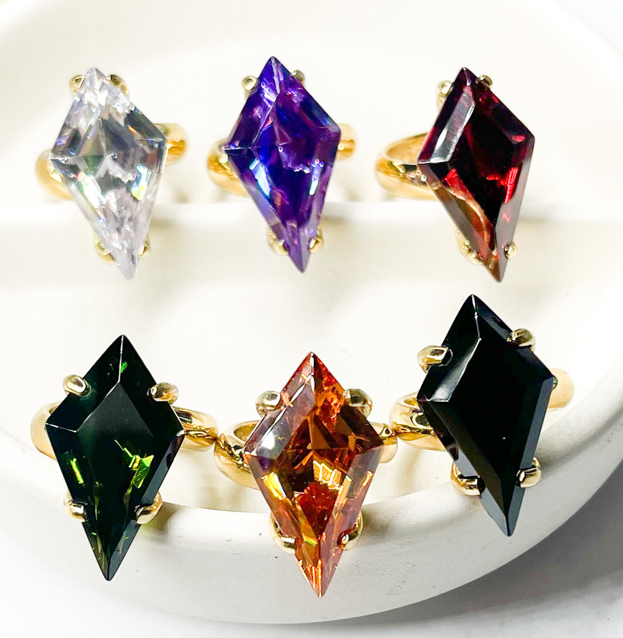 Colorful CZ Kite Prong Rings - Both Metals