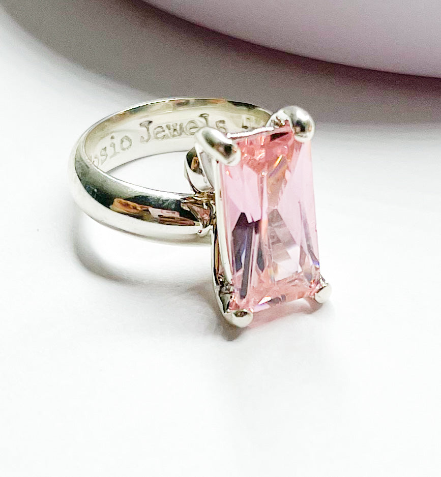 Pink CZ Rectangle Prong Ring - Solid Sterling Silver