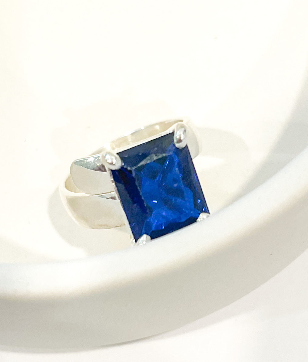 Royal Blue Glass Prong Ring - Solid Sterling Silver