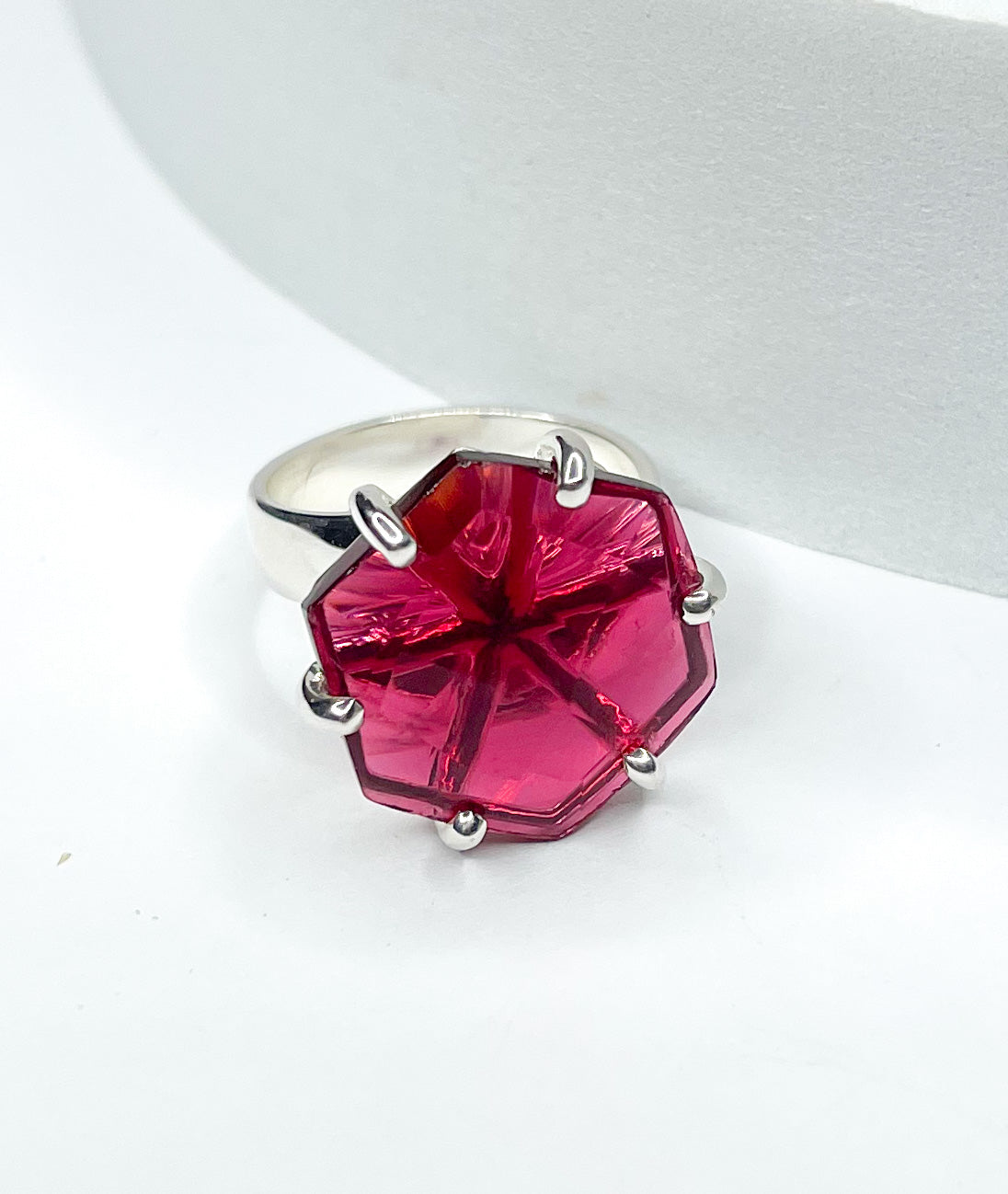 Fuchsia Hexagon Prong Ring - Solid Sterling Silver
