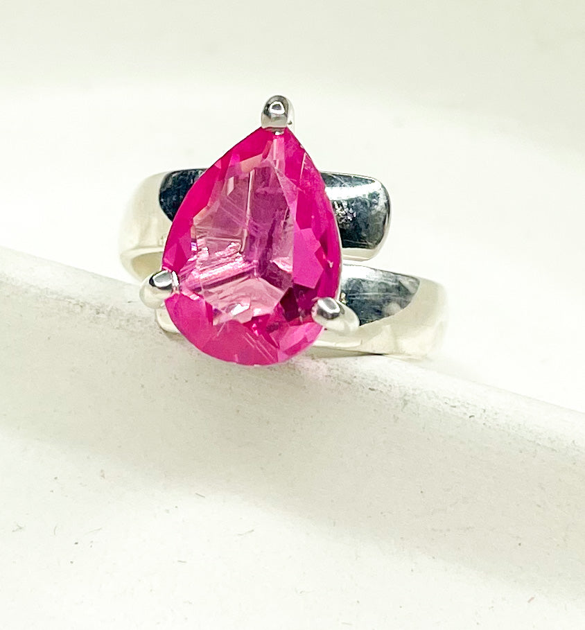 Hot Pink Glass Prong Ring - Solid Sterling Silver