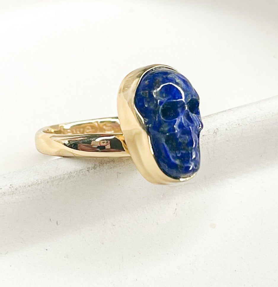 Dainty Lapis Lazuli Skull Ring - Both Metals