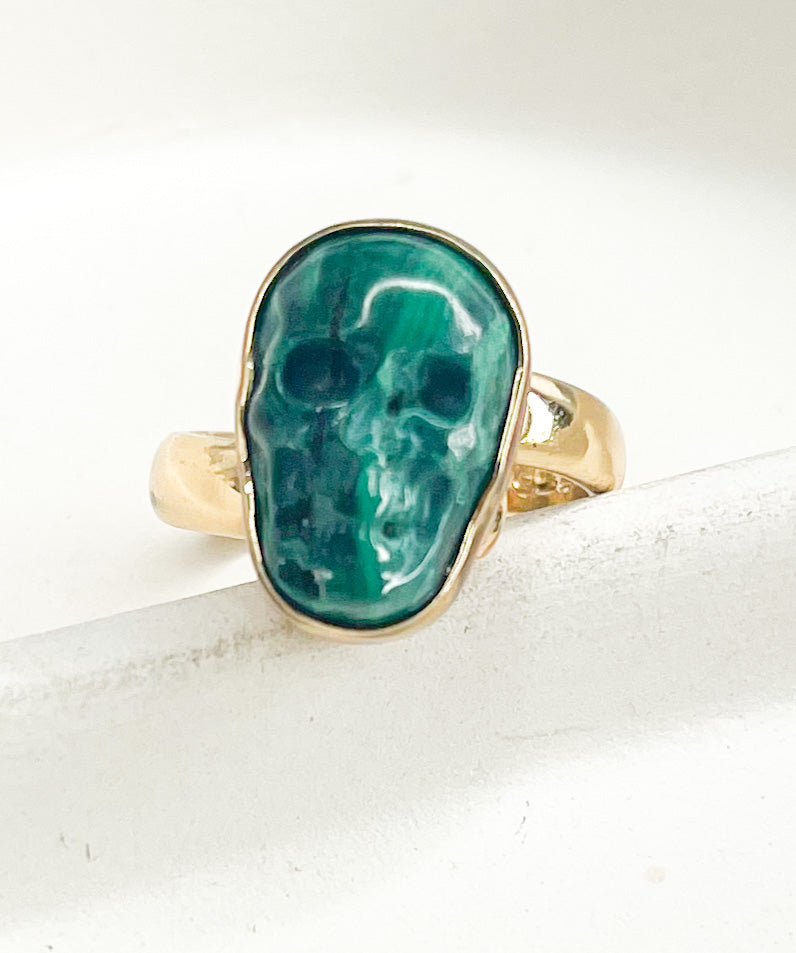 Dainty Malachite Skull Ring - Both Metals