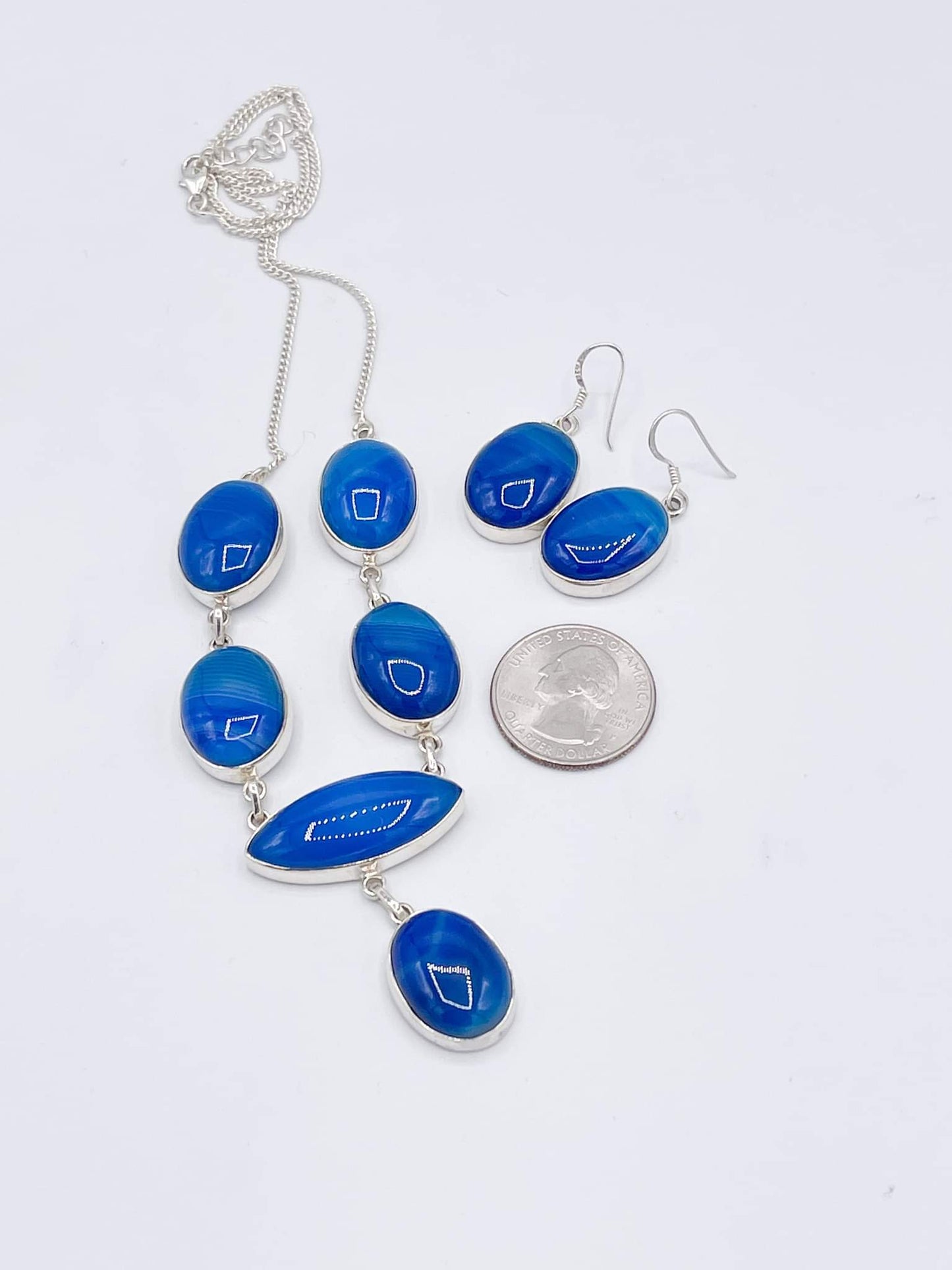 Blue Agate Necklace & Earrings Set - Solid Sterling Silver