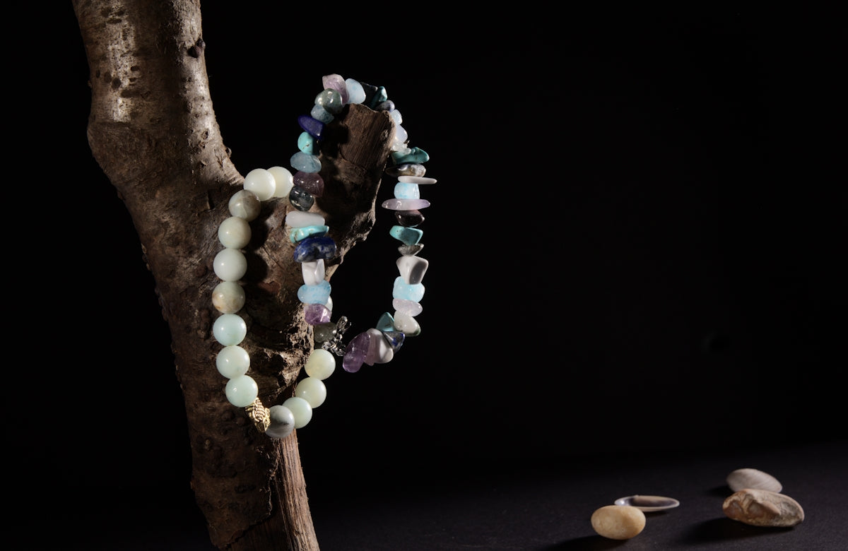 white blue and green beaded necklace