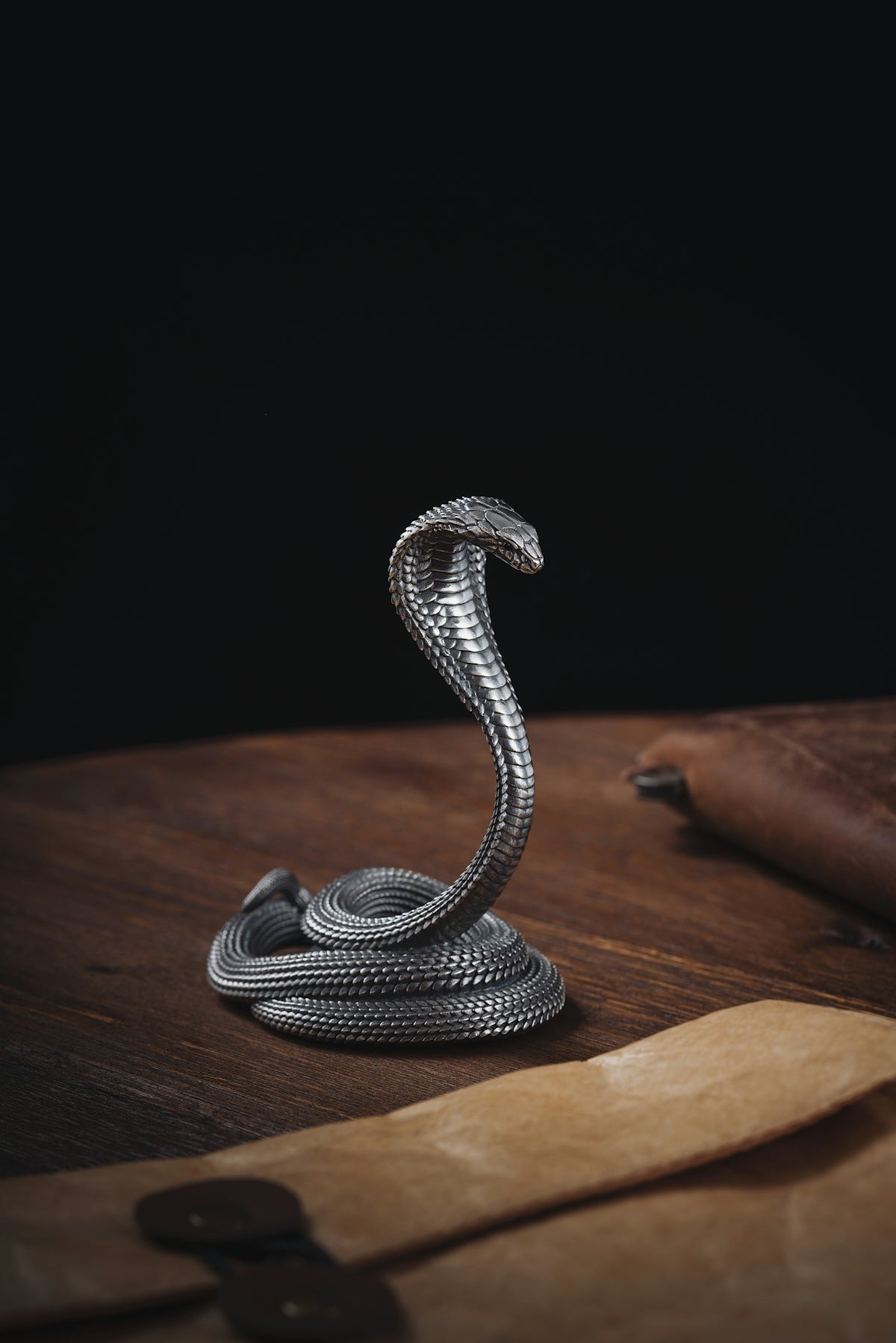 a snake is sitting on a table next to a knife