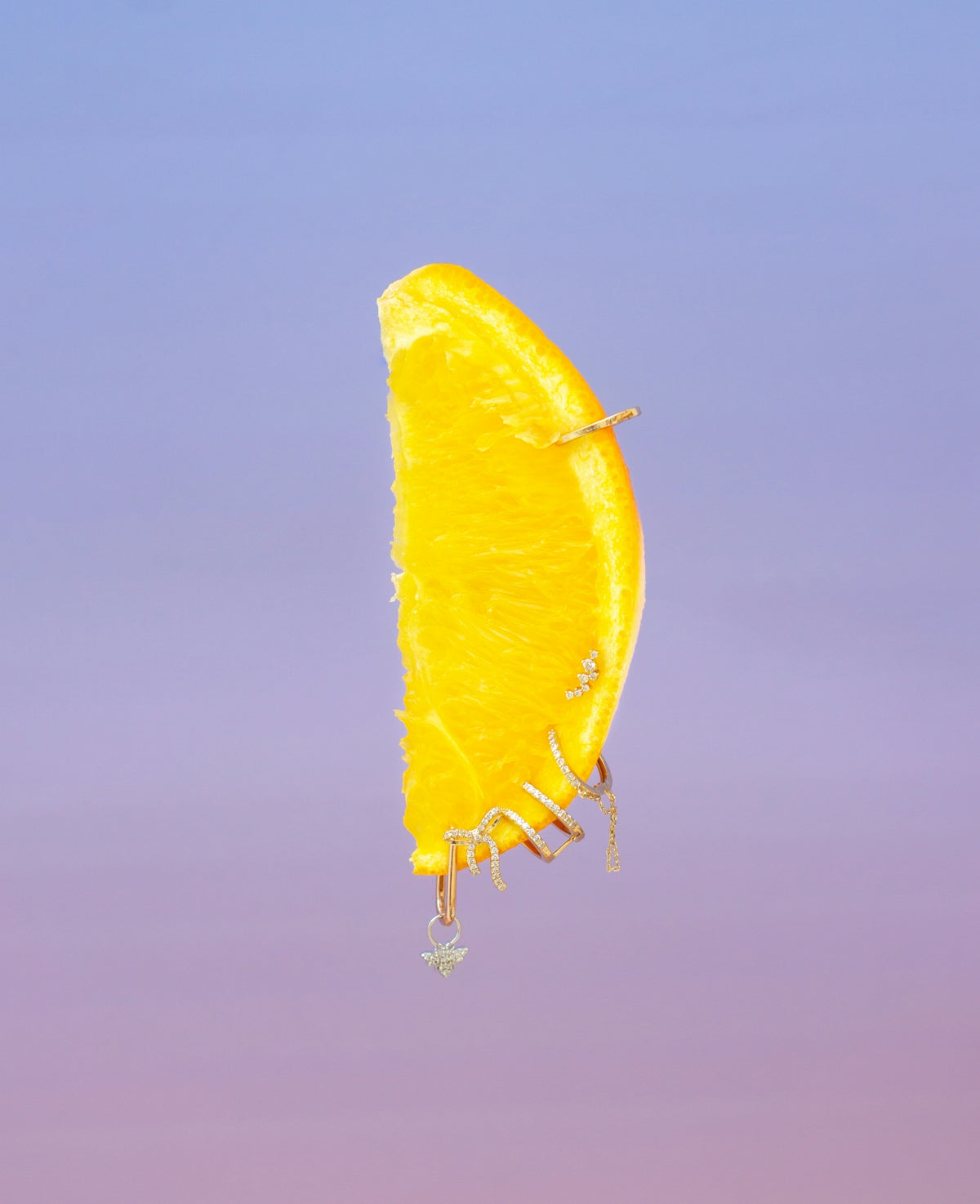 A yellow slice of fruit flying in the air