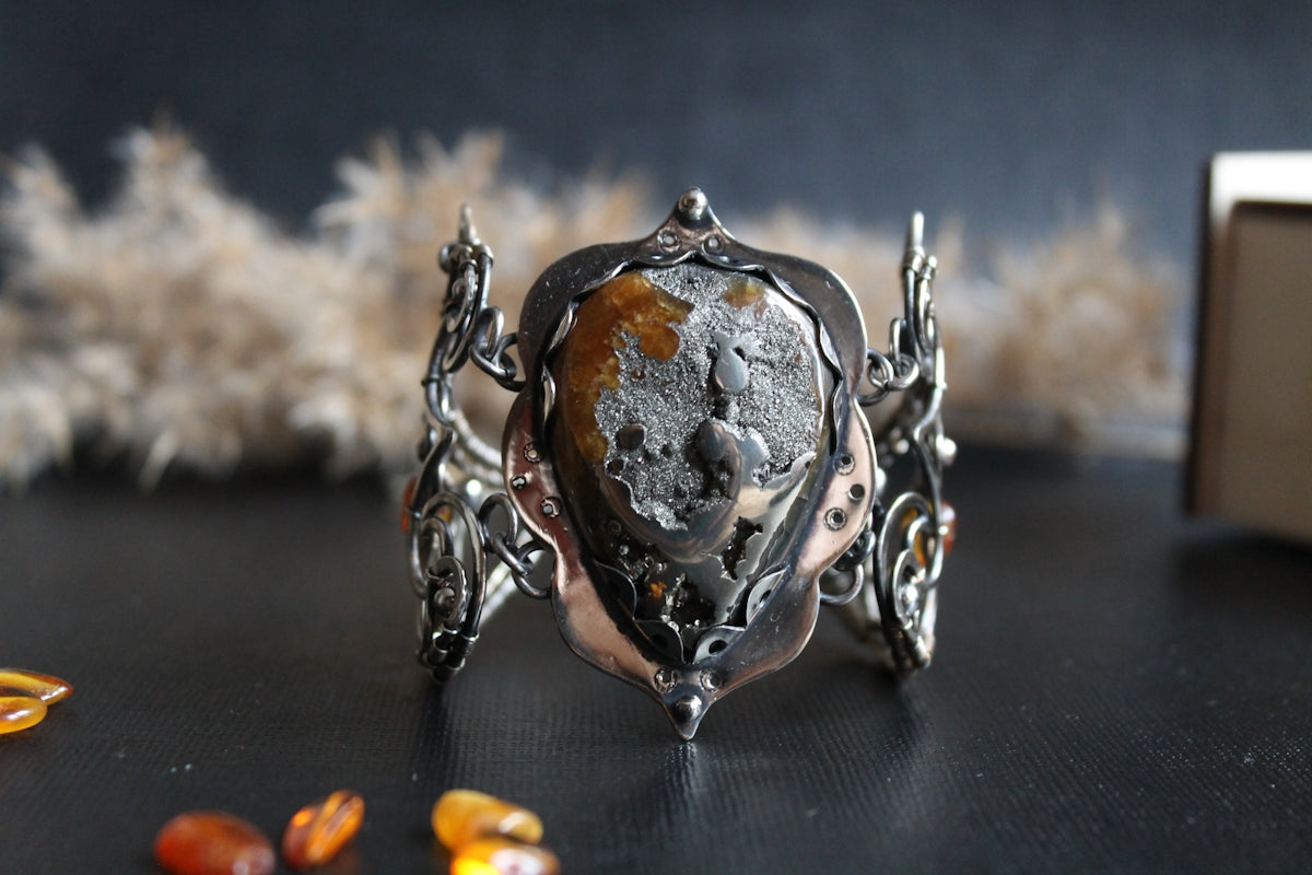 A close up of a ring on a table
