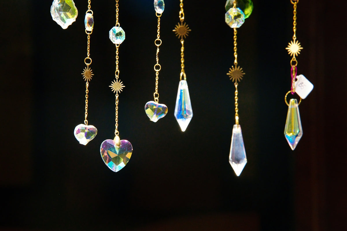 Hanging crystal ornaments with gold chains
