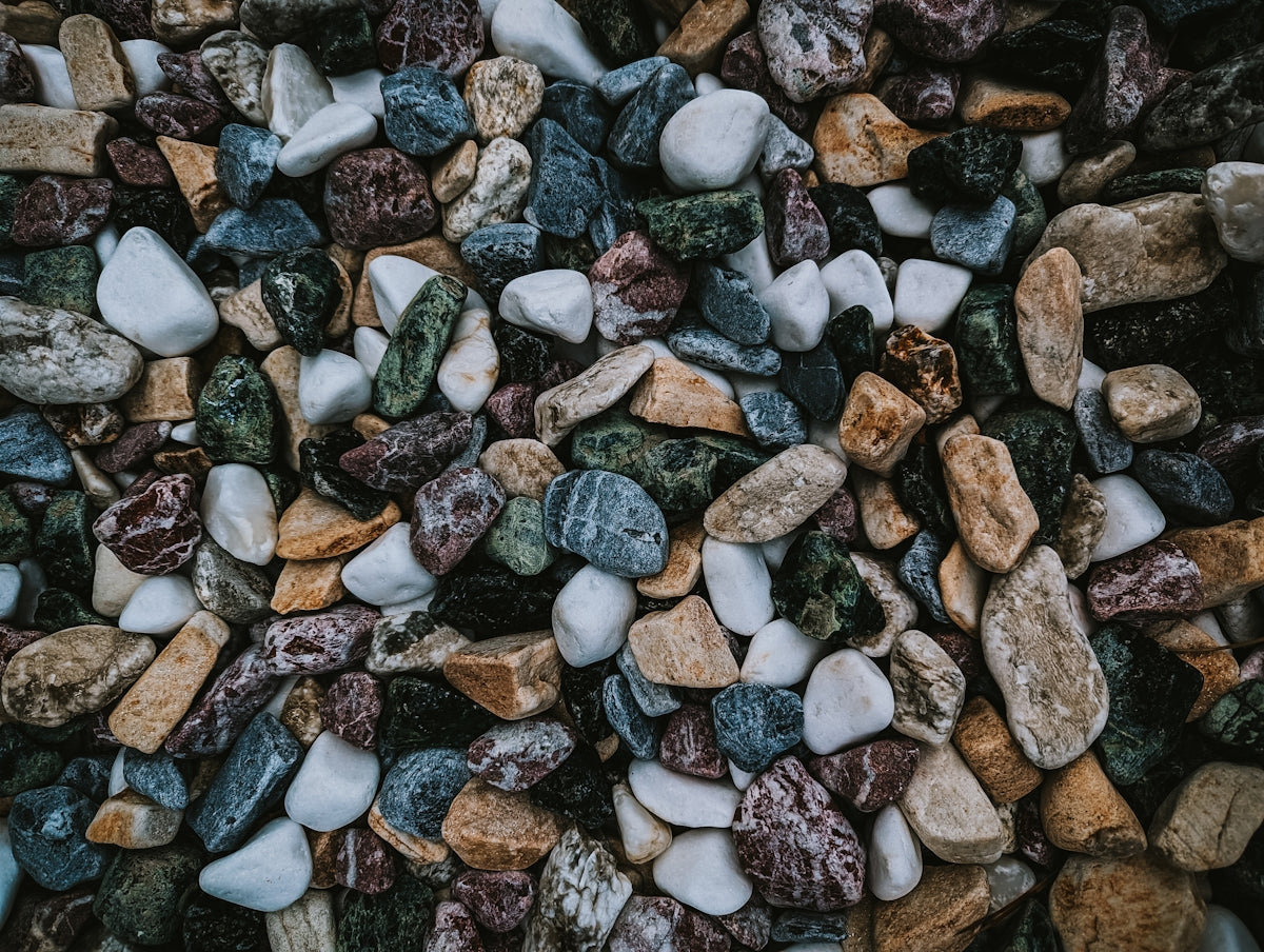 A close-up view of colorful pebbles and stones